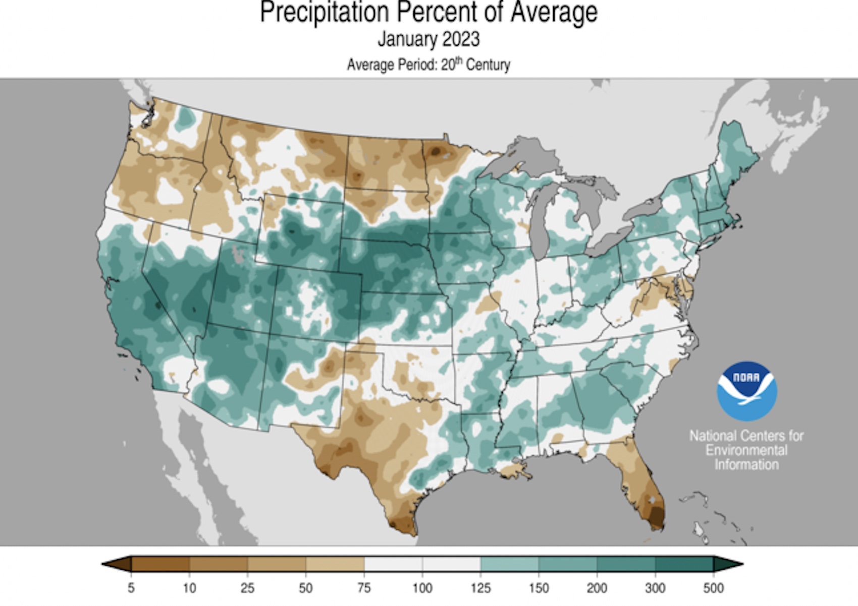 This map shows January 2023 precipitation levels compared to percentage of average in the continental U.S. Utah and other Western states posted above-normal precipitation, while other parts of the West missed out.