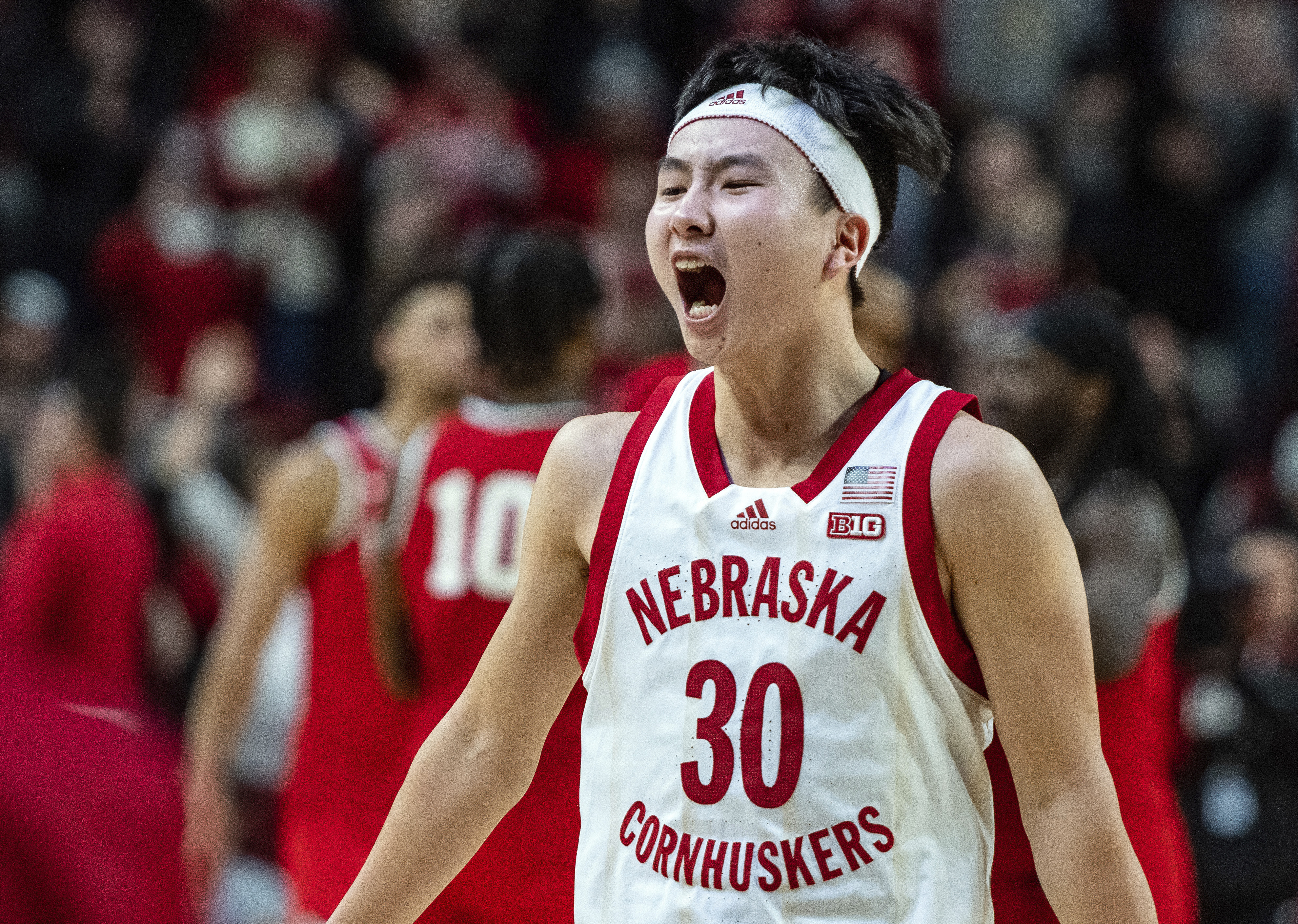FILE.- Nebraska's Keisei Tominaga, of Japan, celebrates the team's win over Ohio State in an NCAA college basketball game on Jan. 18, 2023, in Lincoln, Neb. The exuberant sharpshooter known as "the Japanese Steph Curry" also building a big fan following at Nebraska in what otherwise is another dismal season for the Cornhuskers. 