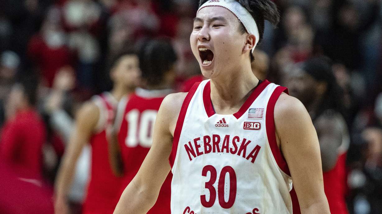 FILE.- Nebraska's Keisei Tominaga, of Japan, celebrates the team's win over Ohio State in an NCAA college basketball game on Jan. 18, 2023, in Lincoln, Neb. The exuberant sharpshooter known as "the Japanese Steph Curry" also building a big fan following at Nebraska in what otherwise is another dismal season for the Cornhuskers.
