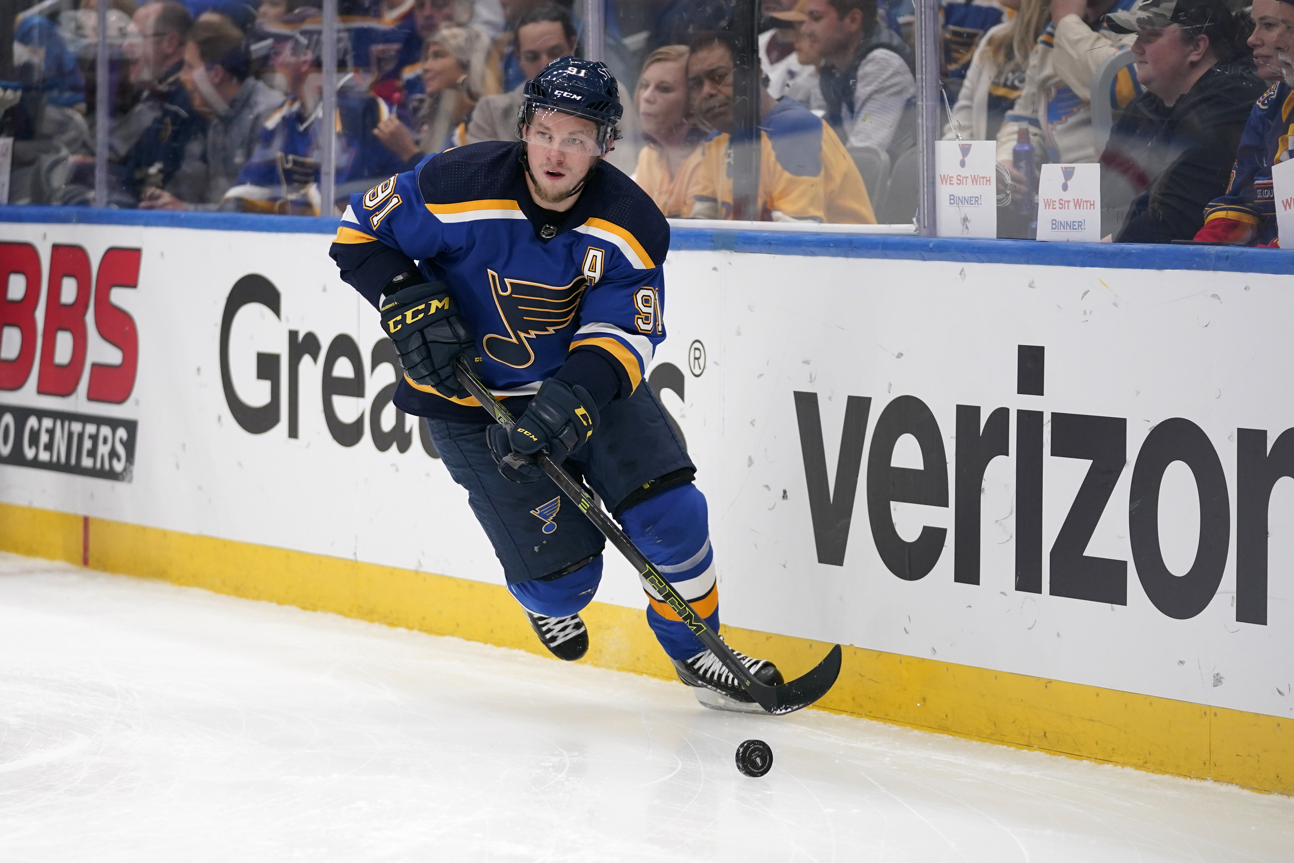FILE - St. Louis Blues' Vladimir Tarasenko (91) handles the puck during the first period in Game 6 of an NHL hockey Stanley Cup second-round playoff series against the Colorado Avalanche Friday, May 27, 2022, in St. Louis. The New York Rangers have acquired Tarasenko and depth defenseman Niko Mikkola from the Blues, in a deal that sent conditional 2023 first- and 2024 fourth-round picks, forward Sammy Blais and prospect Hunter Skinner to St. Louis. 