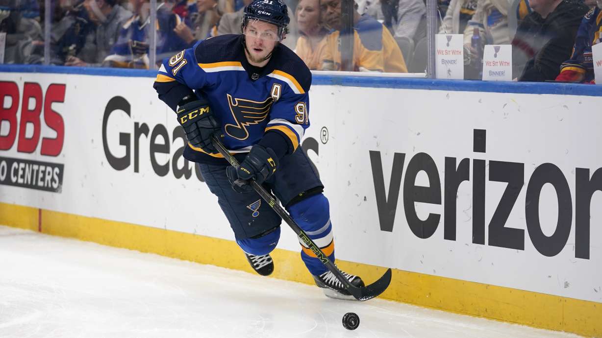 FILE - St. Louis Blues' Vladimir Tarasenko (91) handles the puck during the first period in Game 6 of an NHL hockey Stanley Cup second-round playoff series against the Colorado Avalanche Friday, May 27, 2022, in St. Louis. The New York Rangers have acquired Tarasenko and depth defenseman Niko Mikkola from the Blues, in a deal that sent conditional 2023 first- and 2024 fourth-round picks, forward Sammy Blais and prospect Hunter Skinner to St. Louis.