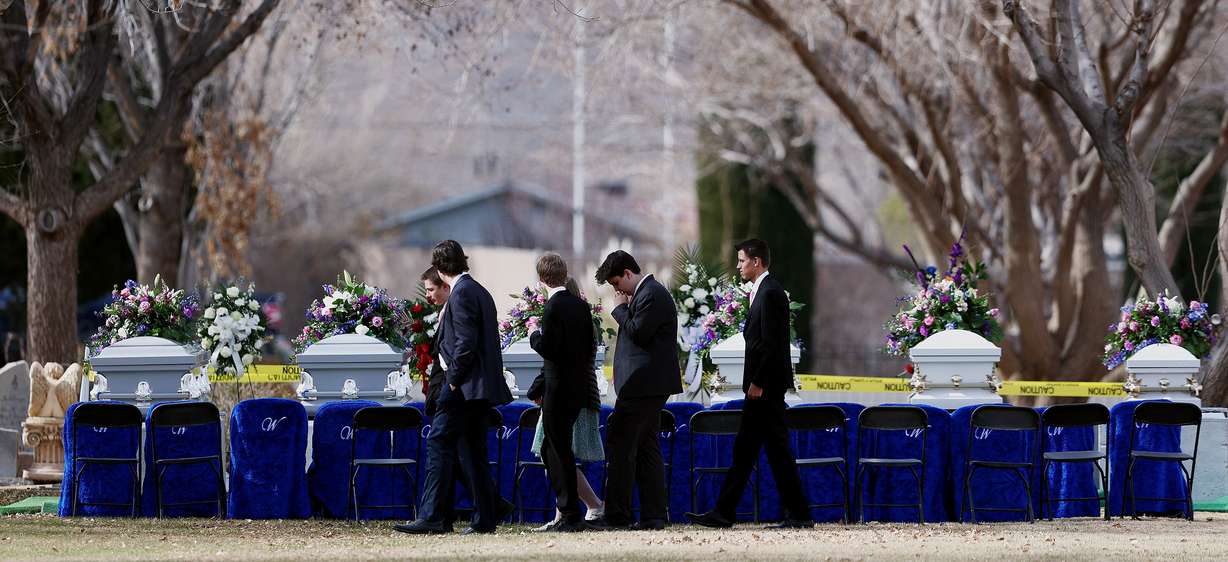 A group of young people leave the cemetery following graveside services in La Verkin, Washington County, for members of the Haight and Earl families. Tausha Haight, her 17-year-old daughter Macie, 12-year-old daughter Brilee, 7-year-old twins Sienna and Ammon, 4-year-old son Gavin and Haight’s mother Gail Earl were laid to rest in the La Verkin City Cemetery on Jan. 13.