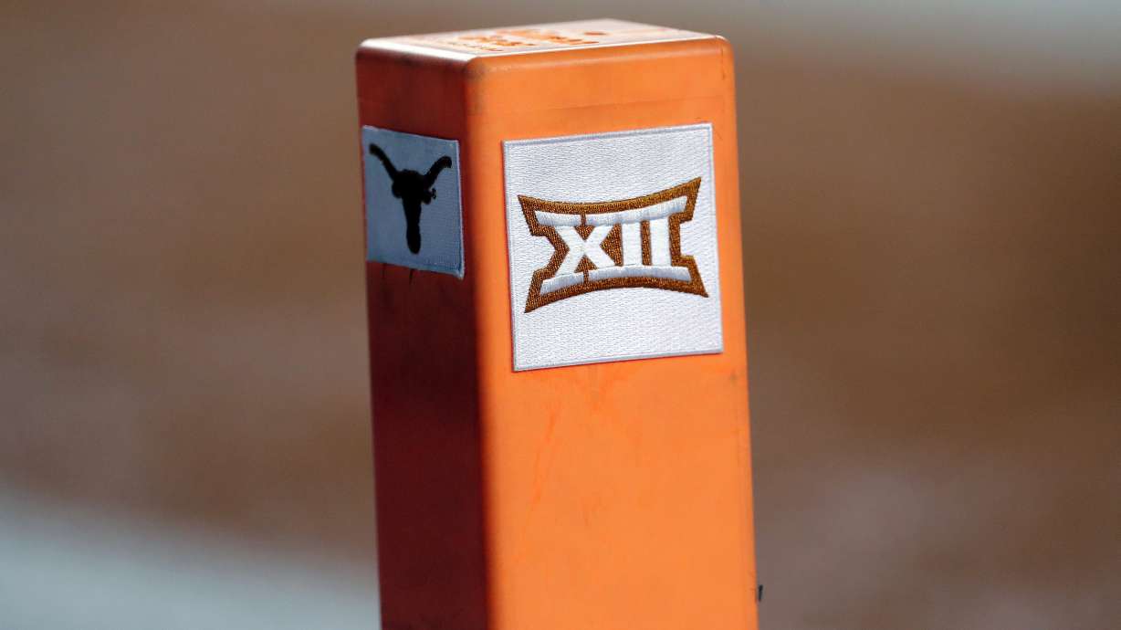 The Big 12 conference logo is seen on a pylon during the first half of an NCAA college football game between Texas and Southern California in Austin, Texas, Sept. 15, 2018.