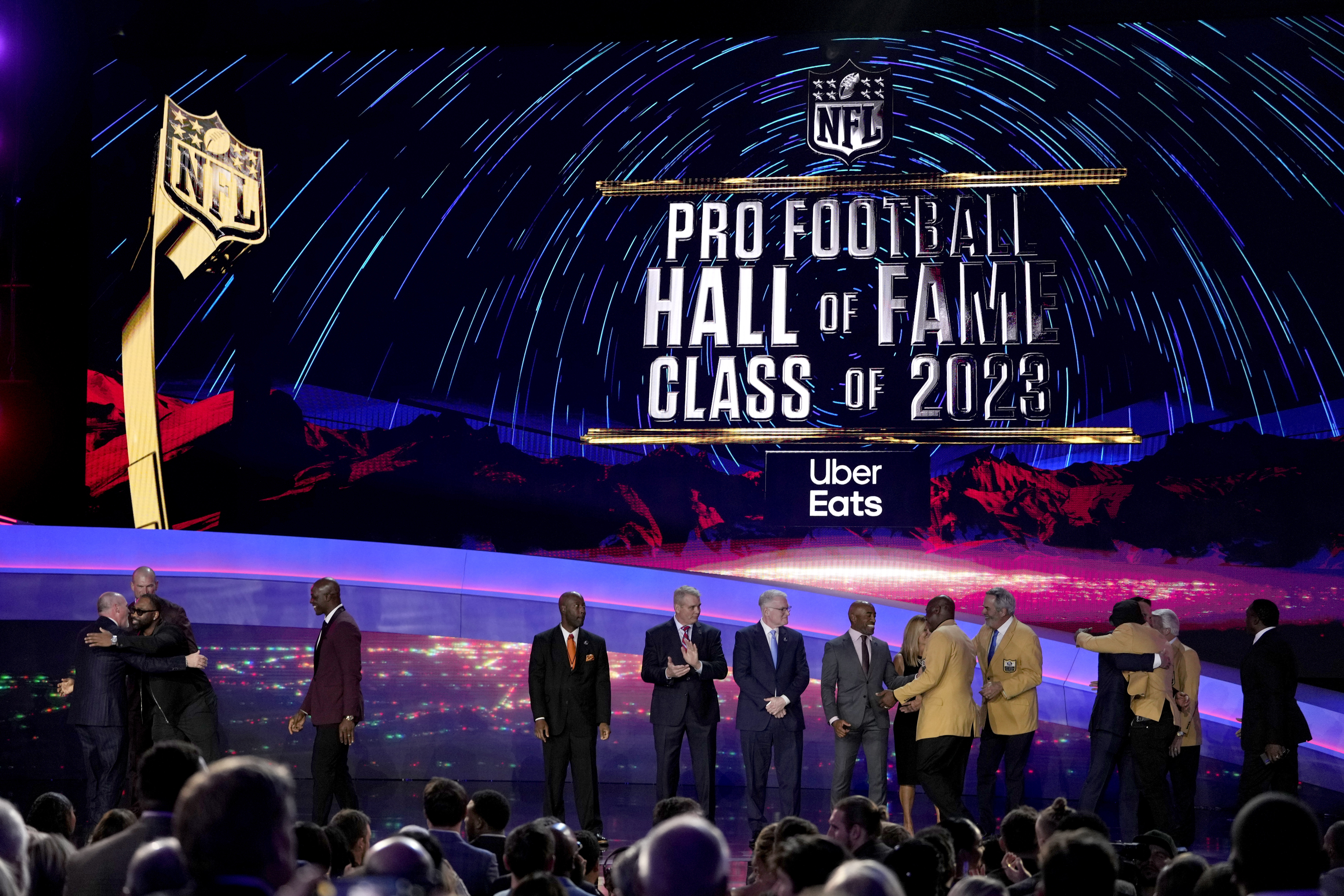 The Pro football Hall of Fame class of 2023 poses during the NFL Honors award show ahead of the Super Bowl 57 football game,Thursday, Feb. 9, 2023, in Phoenix. 