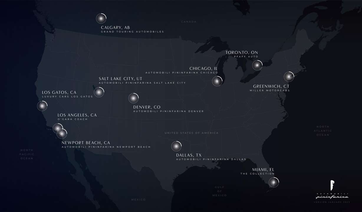 Map of Automobili Pininfarina’s Retail Network in North America