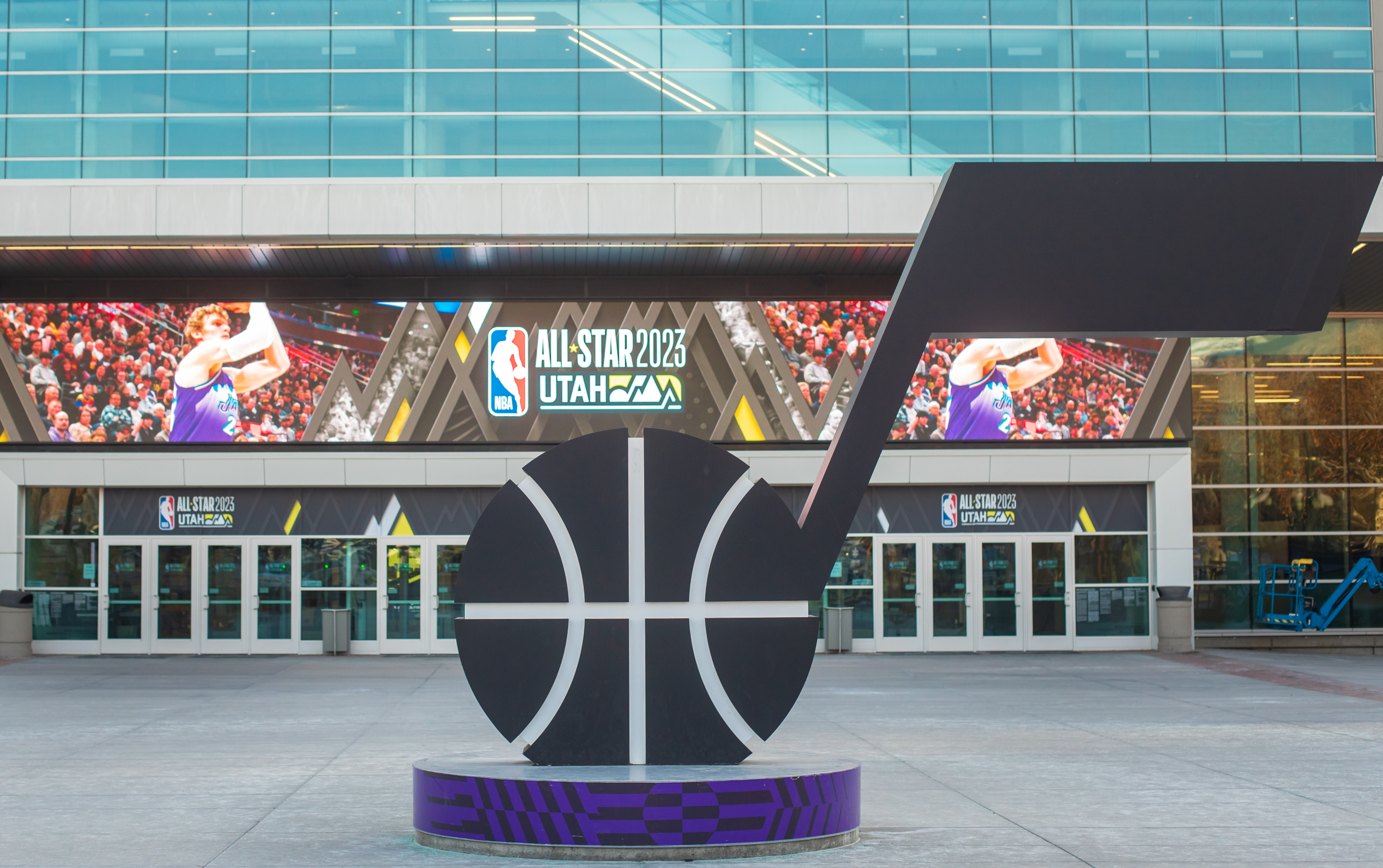 The Utah Jazz advertise the 2023 NBA All-Star Game at Vivint Arena Thursday afternoon. The weekend is projected to bring in more than 100,000 people in and around Feb. 19.