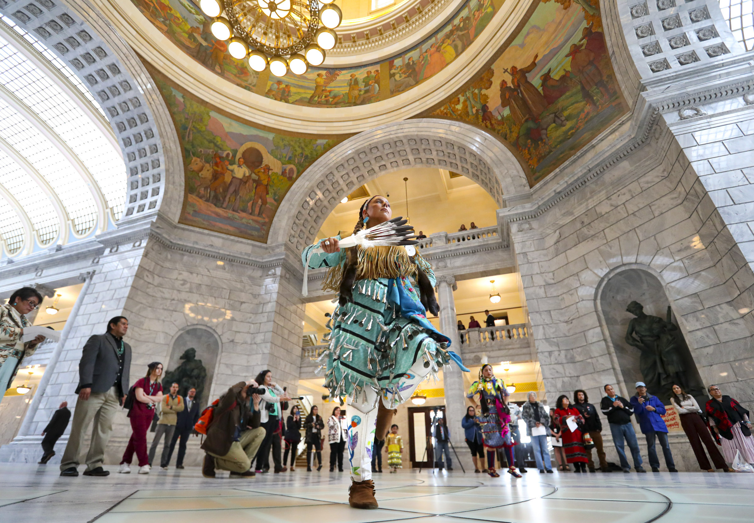 Tayler Gutierrez, of Sandy, performs the Jingle Dress dance on March 3, 2020, to raise awareness for a bill created the Utah Murdered and Missing Indigenous Women and Girls Task Force. Legislators recently passed a new bill that extends the task force.