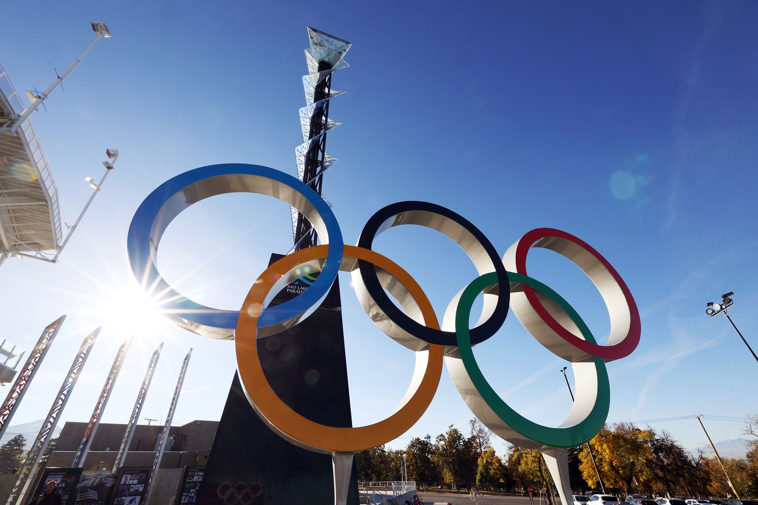 The Olympic rings and cauldron from the 2002 Winter Games are pictured at Rice-Eccles Stadium at the University of Utah in Salt Lake City on Oct. 31, 2022. Utah lawmakers are looking at playing a larger role if Salt Lake City is selected to host the 2030 or 2034 Winter Games.