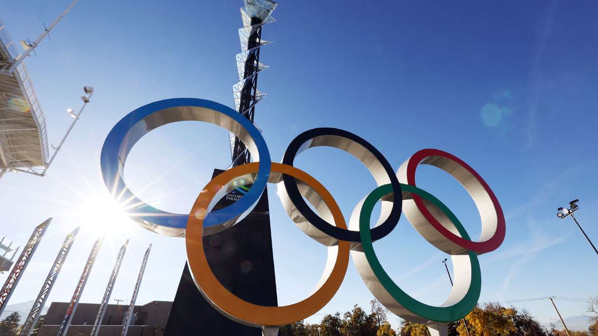 The Olympic rings and cauldron from the 2002 Winter Games are pictured at Rice-Eccles Stadium at the University of Utah in Salt Lake City on Oct. 31, 2022. Utah lawmakers are looking at playing a larger role if Salt Lake City is selected to host the 2030 or 2034 Winter Games.