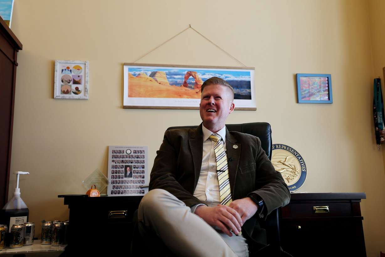 Rep. Jon Hawkins, R-Pleasant Grove, speaks to the media about a resolution he introduced about state oversight of future Olympics from his office at the Capitol in Salt Lake City on Friday.