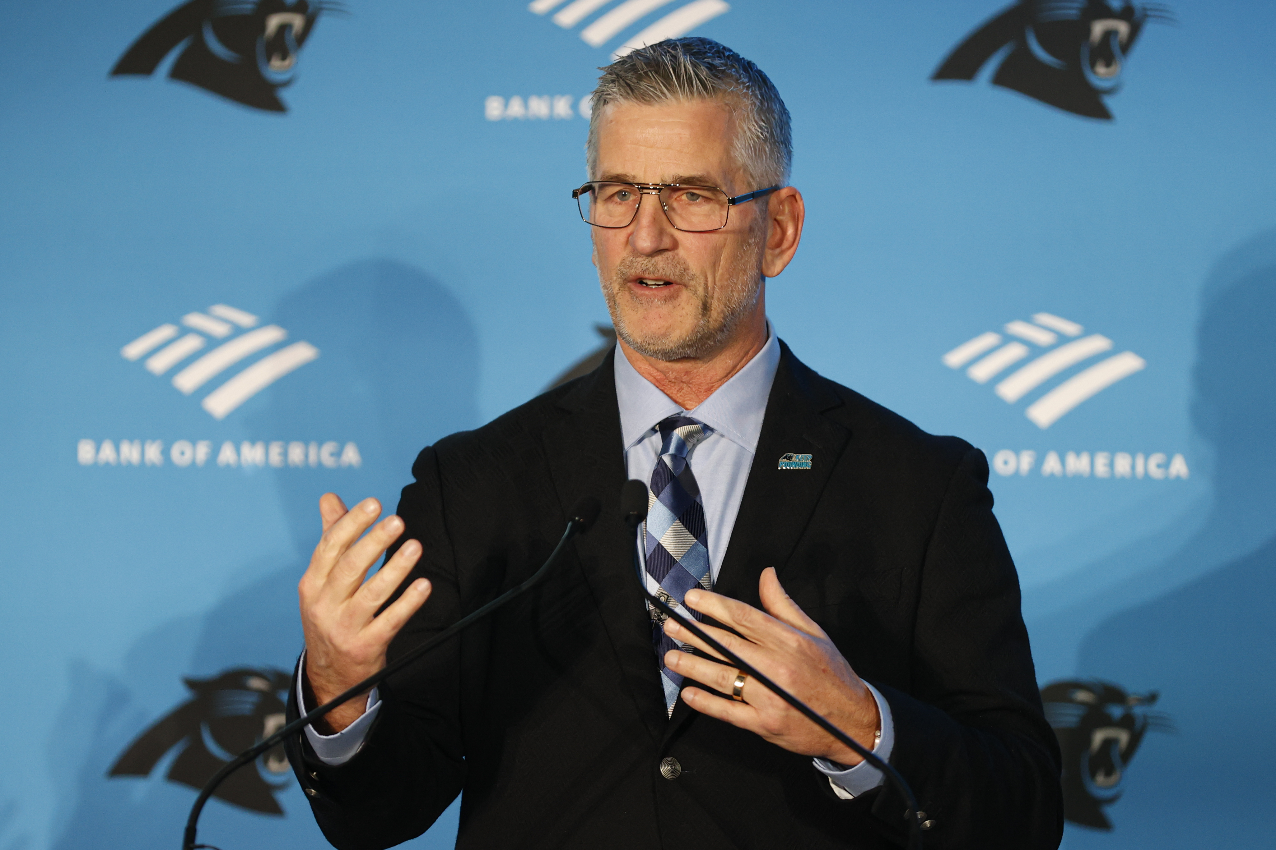 Carolina Panthers head coach Frank Reich answers a question during a news conference introducing him as the NFL football team's new head coach in Charlotte, N.C., Tuesday, Jan. 31, 2023. 