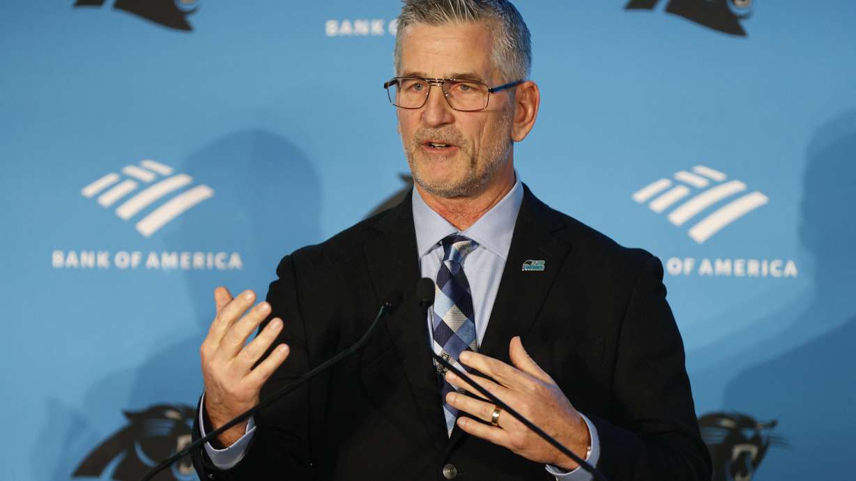 Carolina Panthers head coach Frank Reich answers a question during a news conference introducing him as the NFL football team's new head coach in Charlotte, N.C., Tuesday, Jan. 31, 2023.