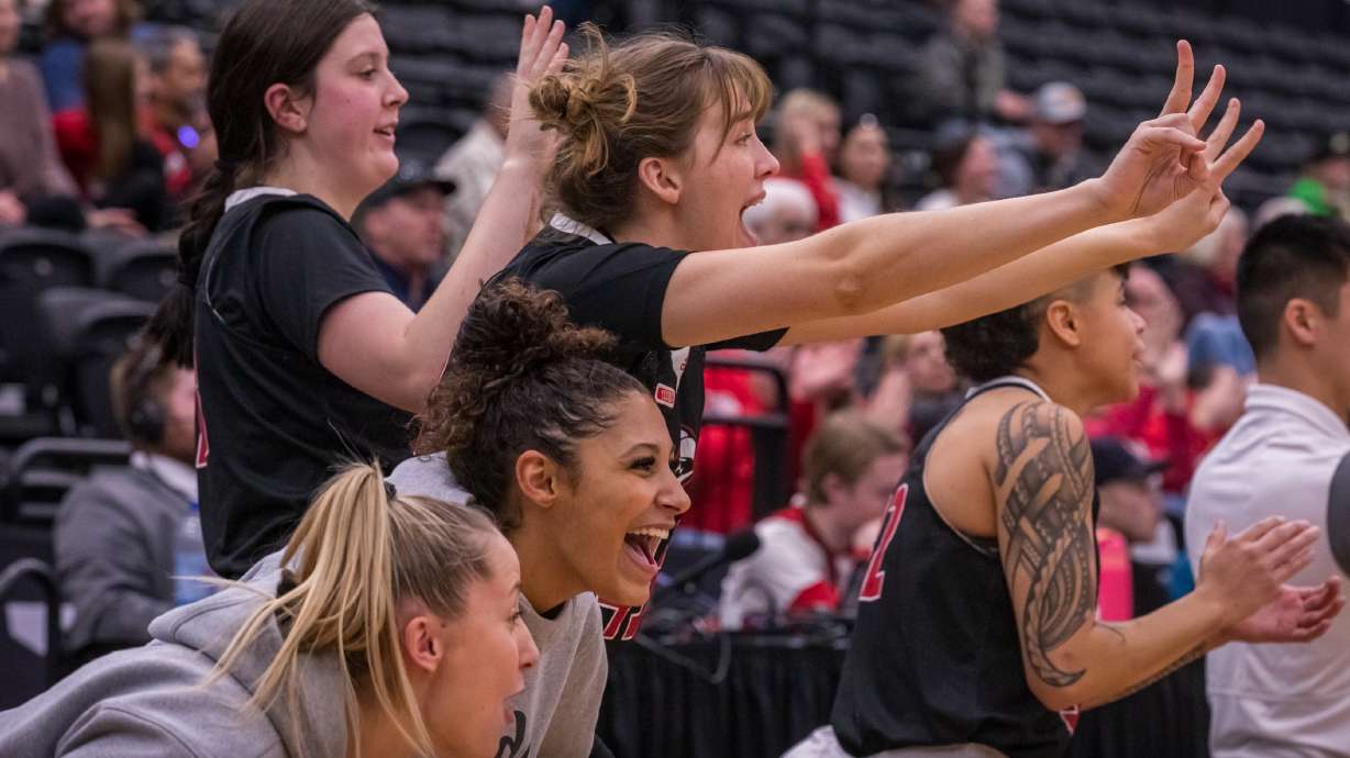 The Southern Utah University women's basketball team bench erupts in celebration after the Thunderbirds make a basket during a game against Utah Valley University at the UCCU Event Center in Orem on Saturday, Feb. 11, 2023.
