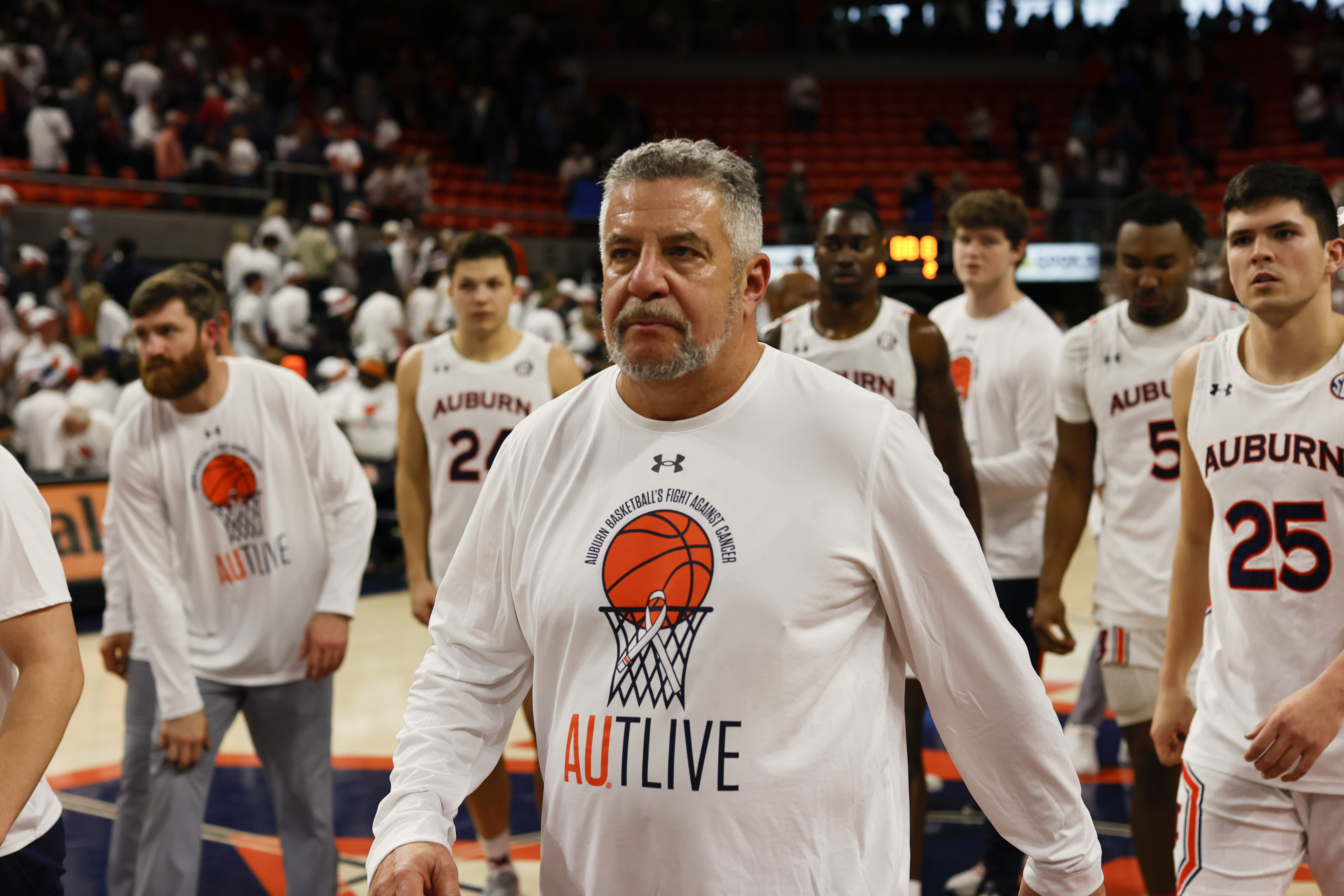 Auburn head coach Bruce Pearl walks off the court after Auburn lost to Alabama in an NCAA college basketball game Saturday, Feb. 11, 2023, in Auburn, Ala. 