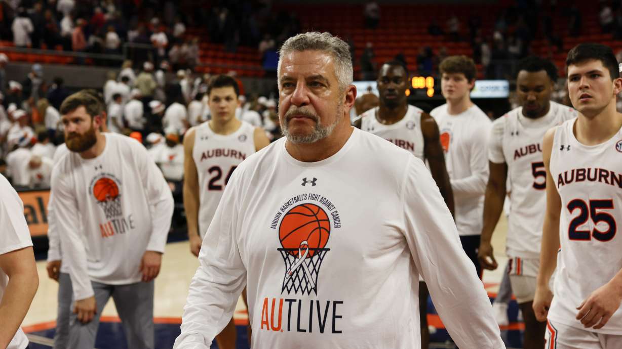 Auburn head coach Bruce Pearl walks off the court after Auburn lost to Alabama in an NCAA college basketball game Saturday, Feb. 11, 2023, in Auburn, Ala.