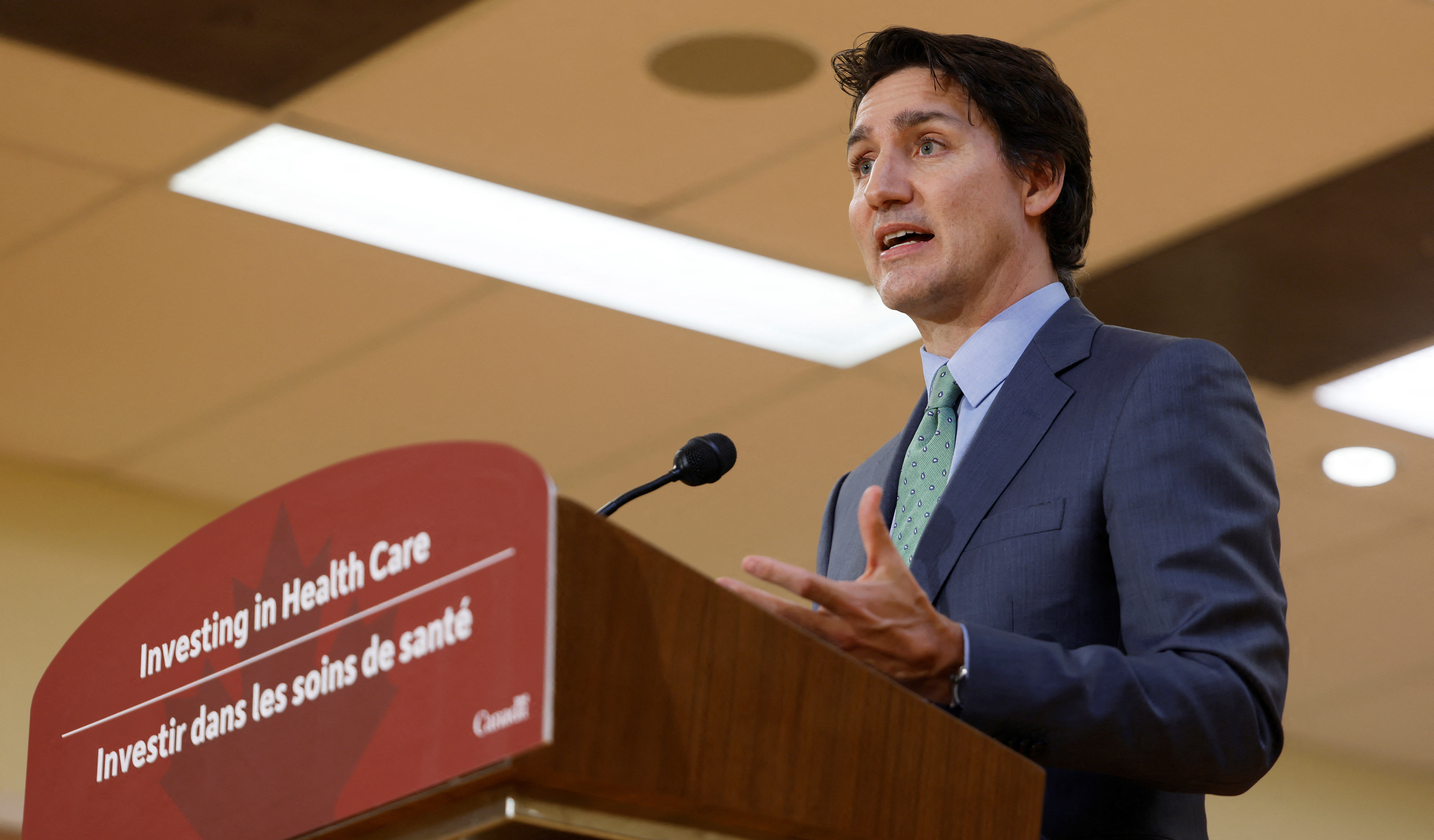 Canada's Prime Minister Justin Trudeau speaks at a medical training facility in Ottawa, Ontario, Canada, Feb. 7. An American F-22 fighter jet shot down an unidentified cylindrical object over Canada on Saturday, the second such shootdown in as many days.