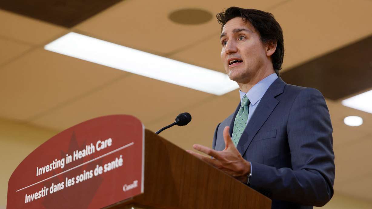 Canada's Prime Minister Justin Trudeau speaks at a medical training facility in Ottawa, Ontario, Canada, Feb. 7. An American F-22 fighter jet shot down an unidentified cylindrical object over Canada on Saturday, the second such shootdown in as many days.