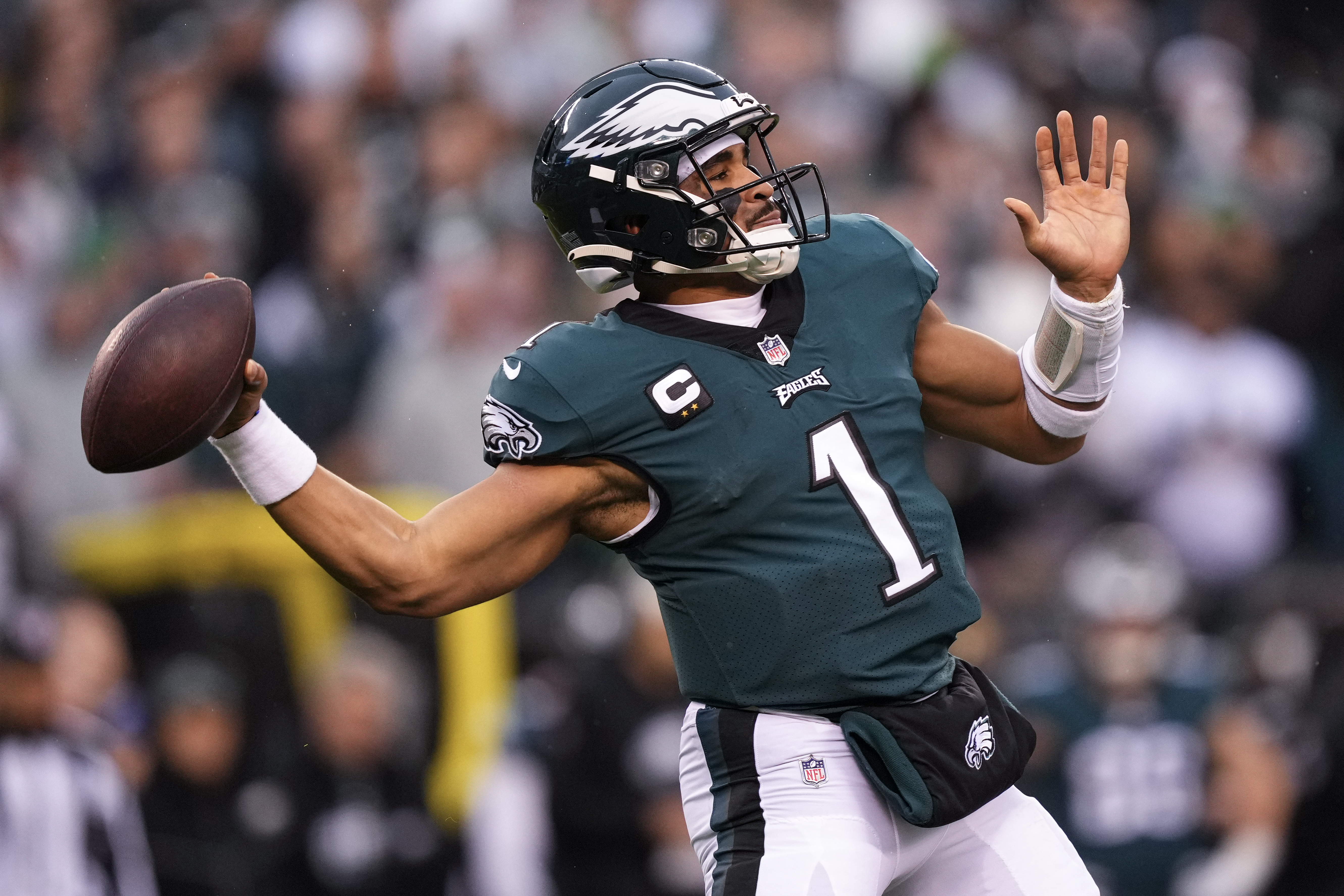 FILE - Philadelphia Eagles quarterback Jalen Hurts passes during the first half of the NFC Championship NFL football game between the Philadelphia Eagles and the San Francisco 49ers on Sunday, Jan. 29, 2023, in Philadelphia. The Chiefs and Eagles are bringing MVP finalists Patrick Mahomes and Jalen Hurts to the Super Bowl to cap a season in which the NFL had a glaring amount of instability at quarterback. 