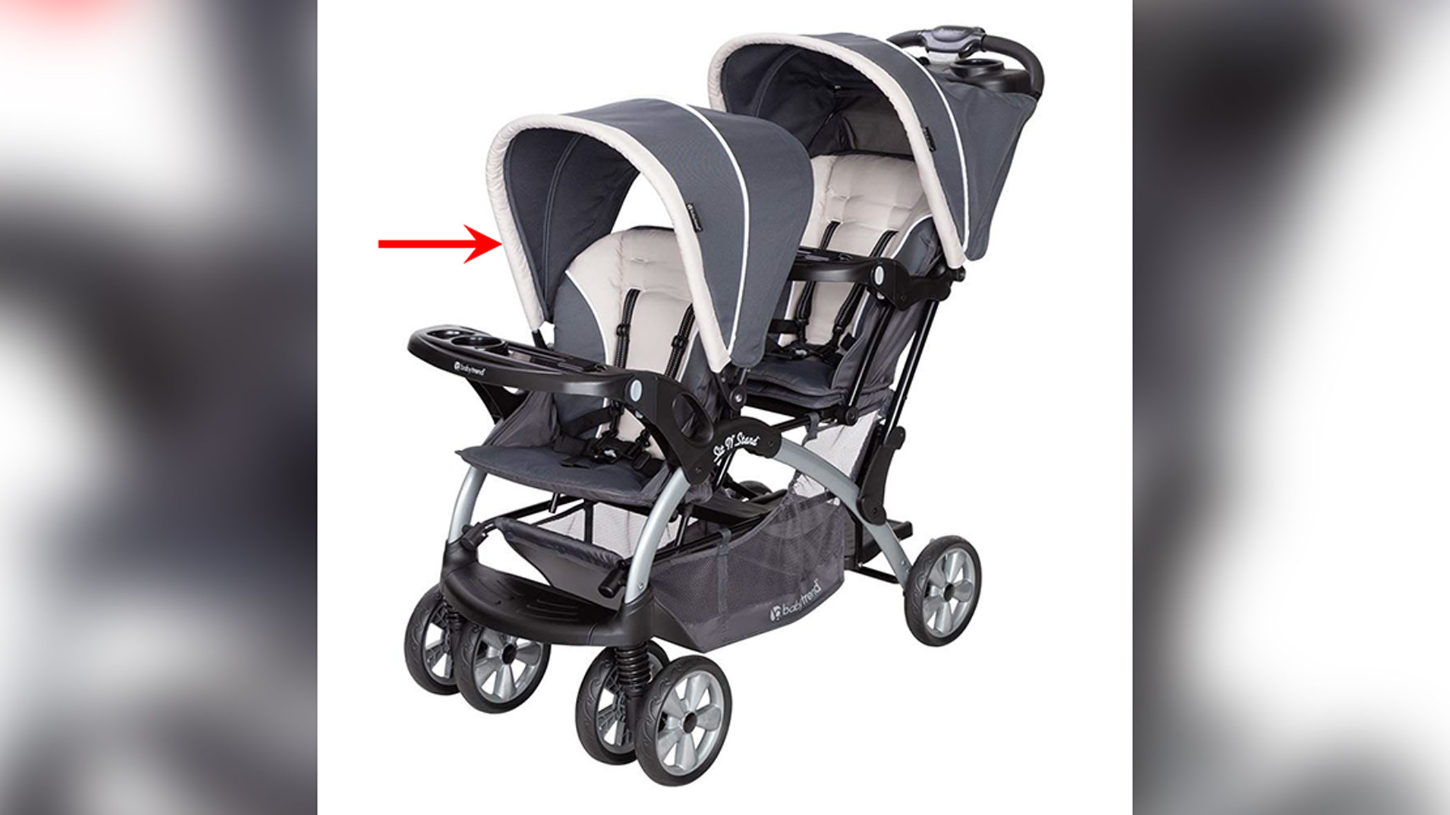 A red arrow has been placed on this image by the U.S. Consumer Product Safety Commission. The commission reiterated its warning about the hazards of some popular Baby Trend-brand strollers.