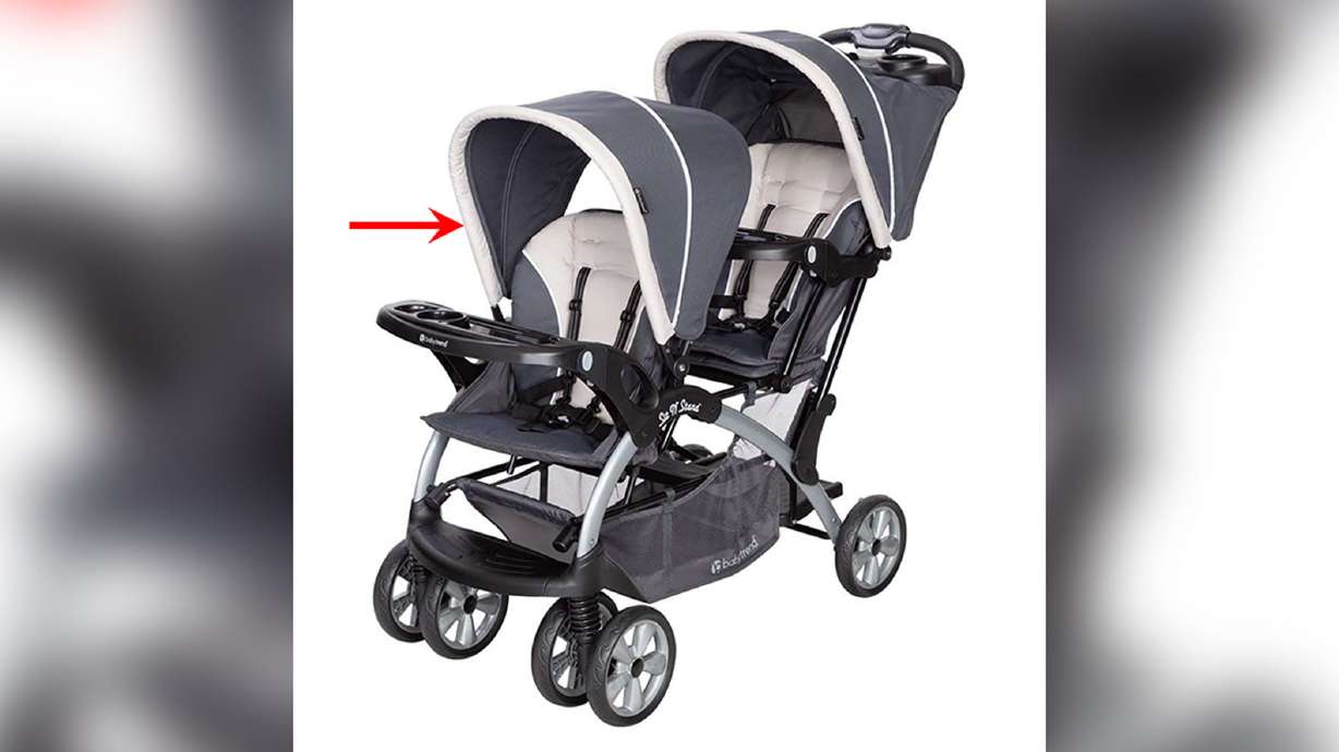 A red arrow has been placed on this image by the U.S. Consumer Product Safety Commission. The commission reiterated its warning about the hazards of some popular Baby Trend-brand strollers.