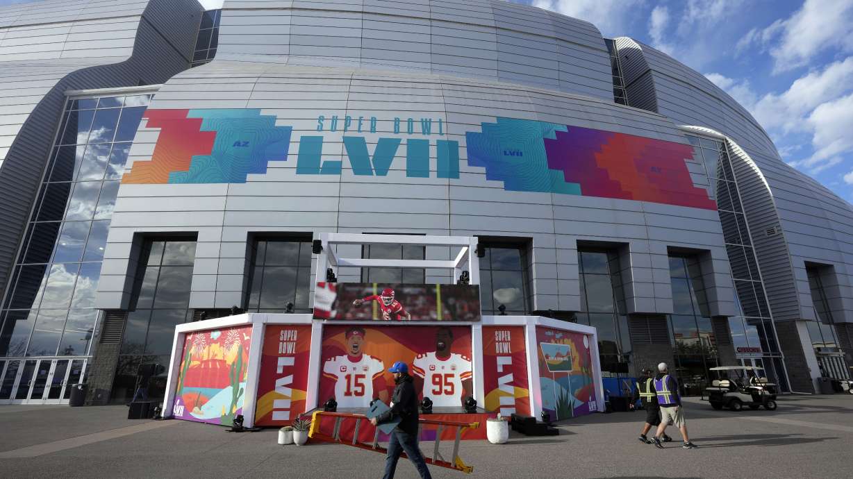 State Farm Stadium is decorated ahead of Super Bowl 57 NFL football game Saturday, Feb. 11, 2023, in Glendale, Ariz. The Kansas City Chiefs will play the Philadelphia Eagles on Sunday.