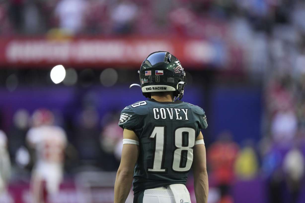 Philadelphia Eagles wide receiver Britain Covey (18) before the NFL Super Bowl 57 football game, Sunday, Feb. 12, 2023, in Glendale, Ariz.