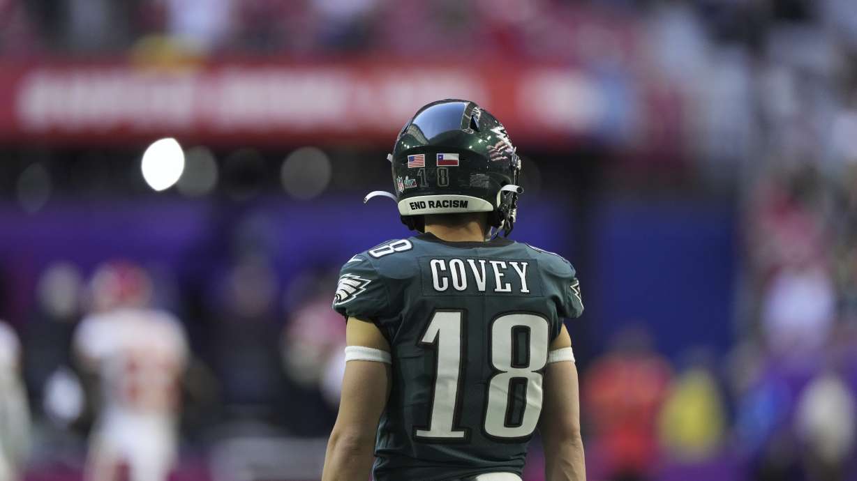 Philadelphia Eagles wide receiver Britain Covey (18) before the NFL Super Bowl 57 football game, Sunday, Feb. 12, 2023, in Glendale, Ariz.