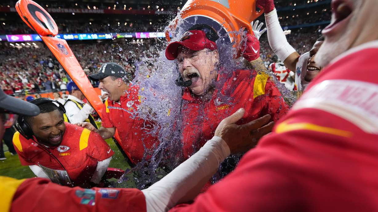 Kansas City Chiefs head coach Andy Reid gets dunked after their win against the Philadelphia Eagles at the NFL Super Bowl football game, Sunday, Feb. 12, 2023, in Glendale, Ariz. Kansas City Chiefs defeated the Philadelphia Eagles 38-35.