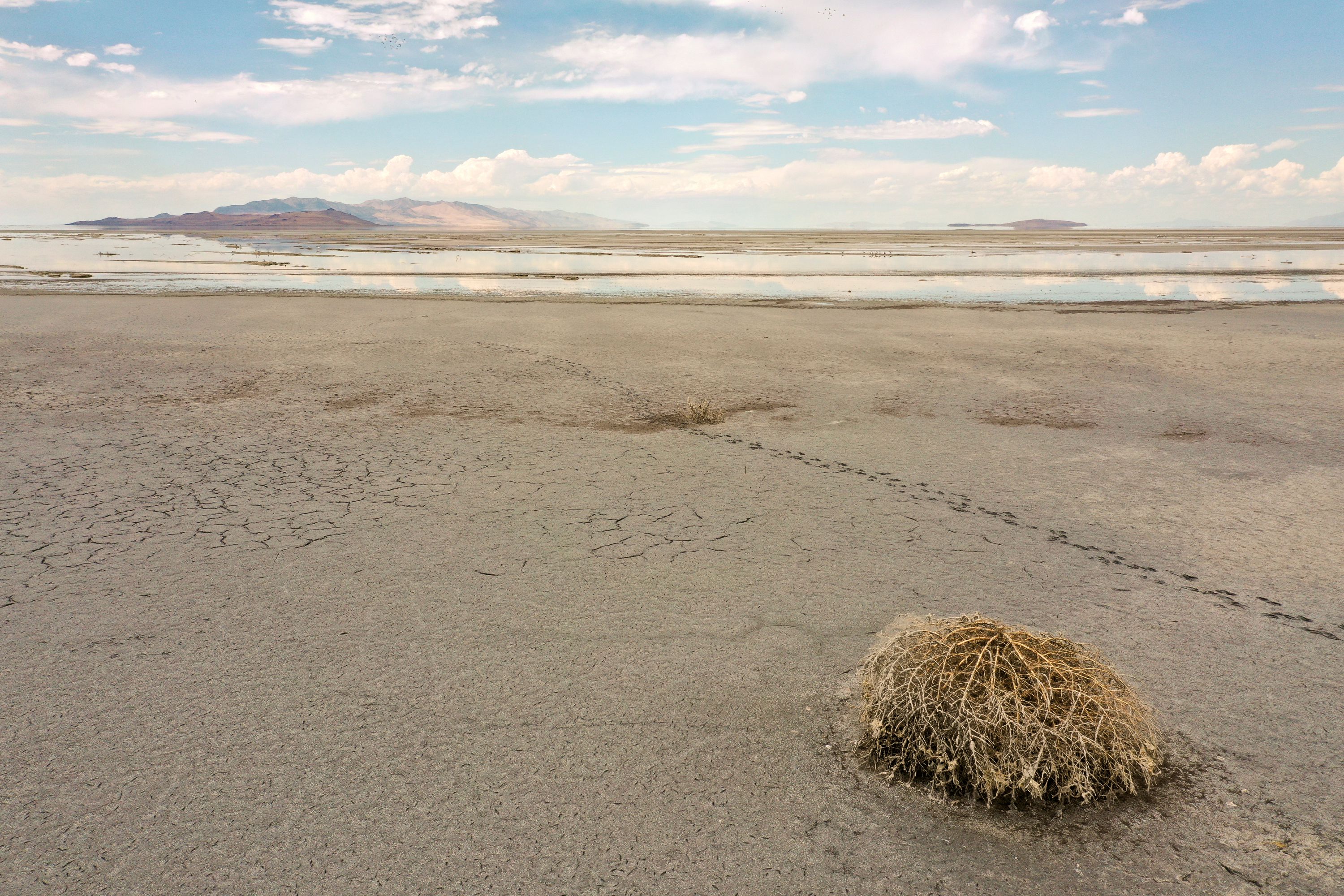 Record low water levels are seen in the Great Salt Lake on July 22, 2022. More than 8 in 10 Utah residents remain concerned over the drought, but storms this winter have more than half of them less concerned than last year, a new poll shows. 