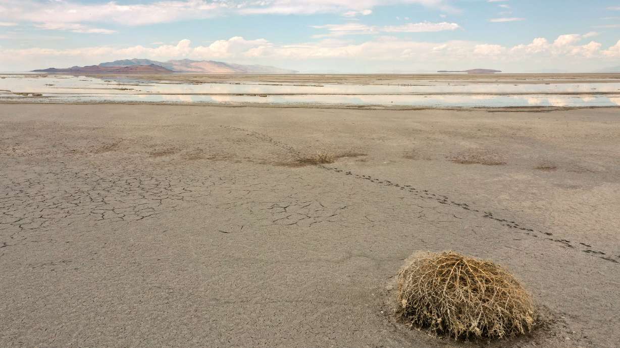 Record low water levels are seen in the Great Salt Lake on July 22, 2022. More than 8 in 10 Utah residents remain concerned over the drought, but storms this winter have more than half of them less concerned than last year, a new poll shows.