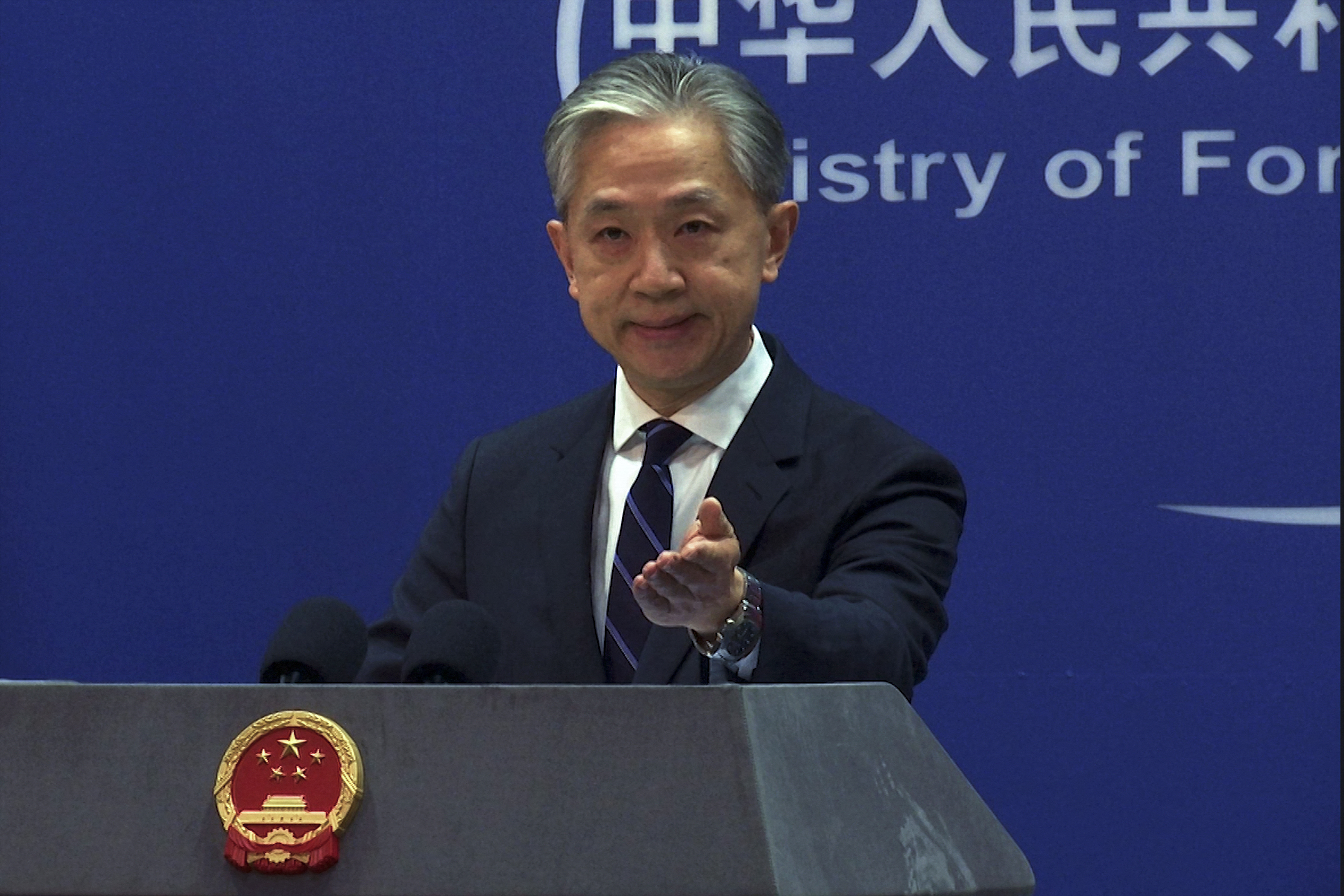 Chinese Foreign Ministry spokesman Wang Wenbin speaks during a media briefing in Beijing, Monday. China on Monday said more than 10 U.S. high-altitude balloons have flown in its airspace during the past year without permission.