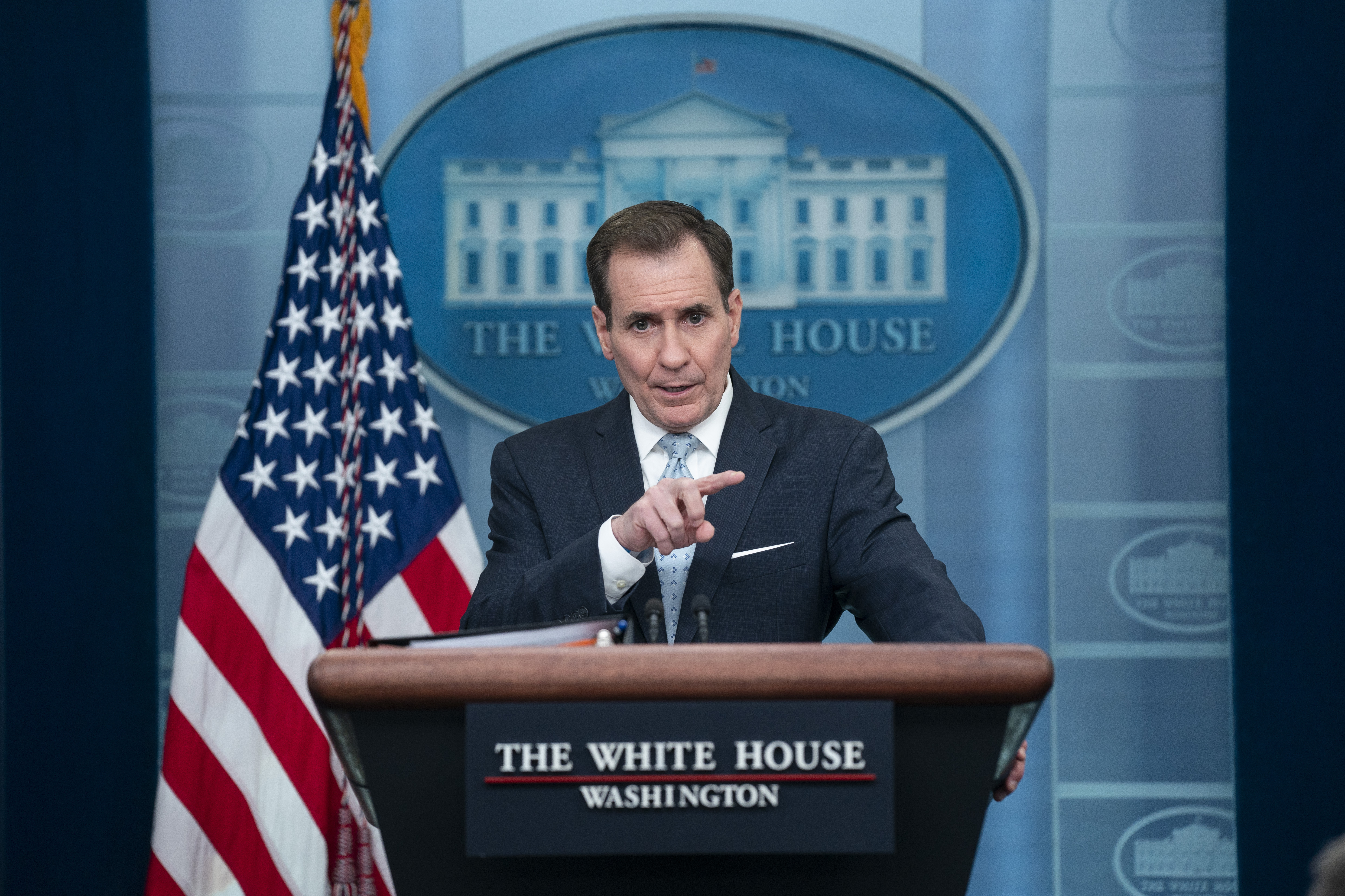 National Security Council spokesman John Kirby speaks during a press briefing at the White House, Monday in Washington. The White House is defending the shootdowns of three unidentified objects in as many days.