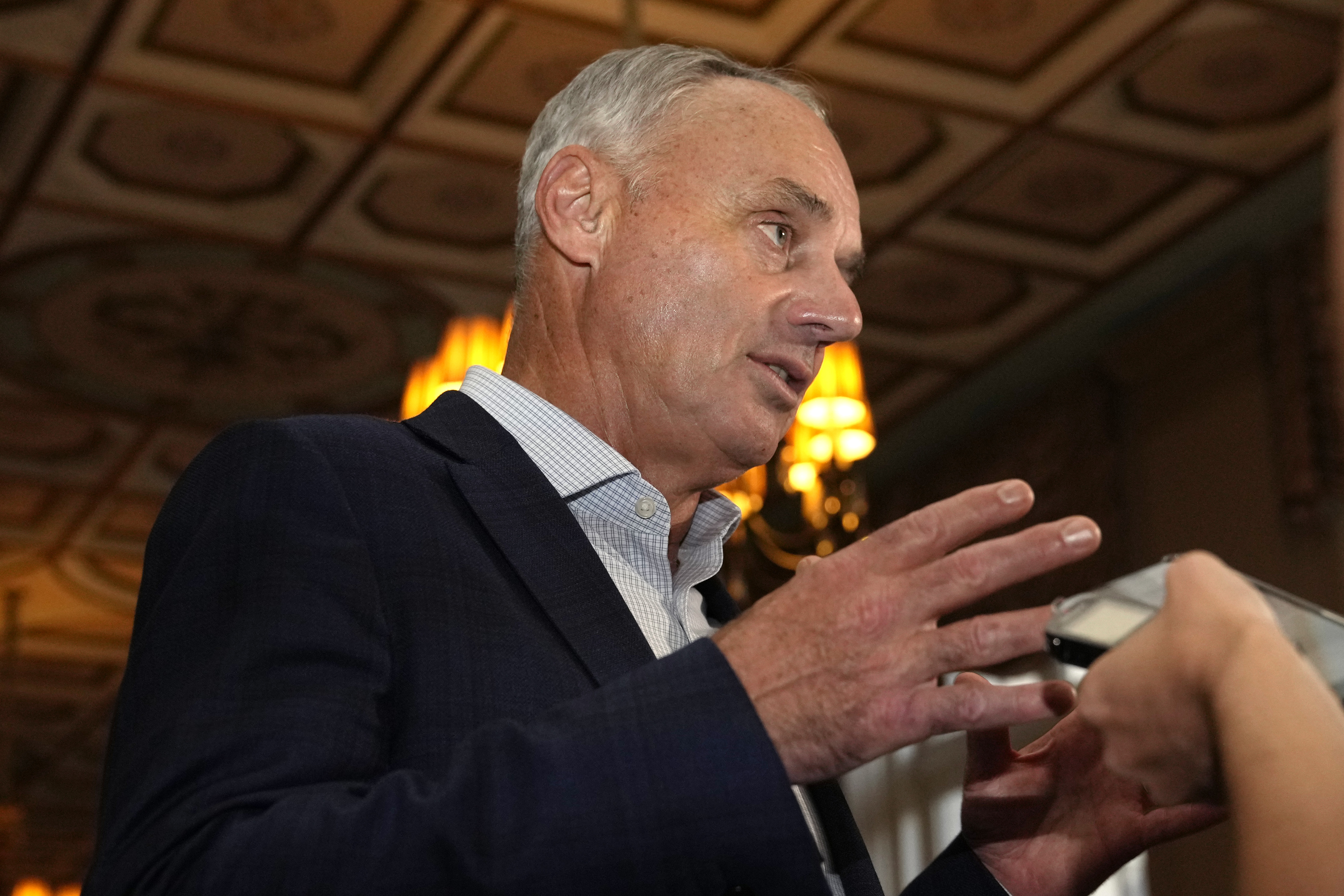 Major League Baseball Commissioner Rob Manfred speaks with the news media after a meeting of MLB owners, Thursday, Feb. 9, 2023, in Palm Beach, Fla. 
