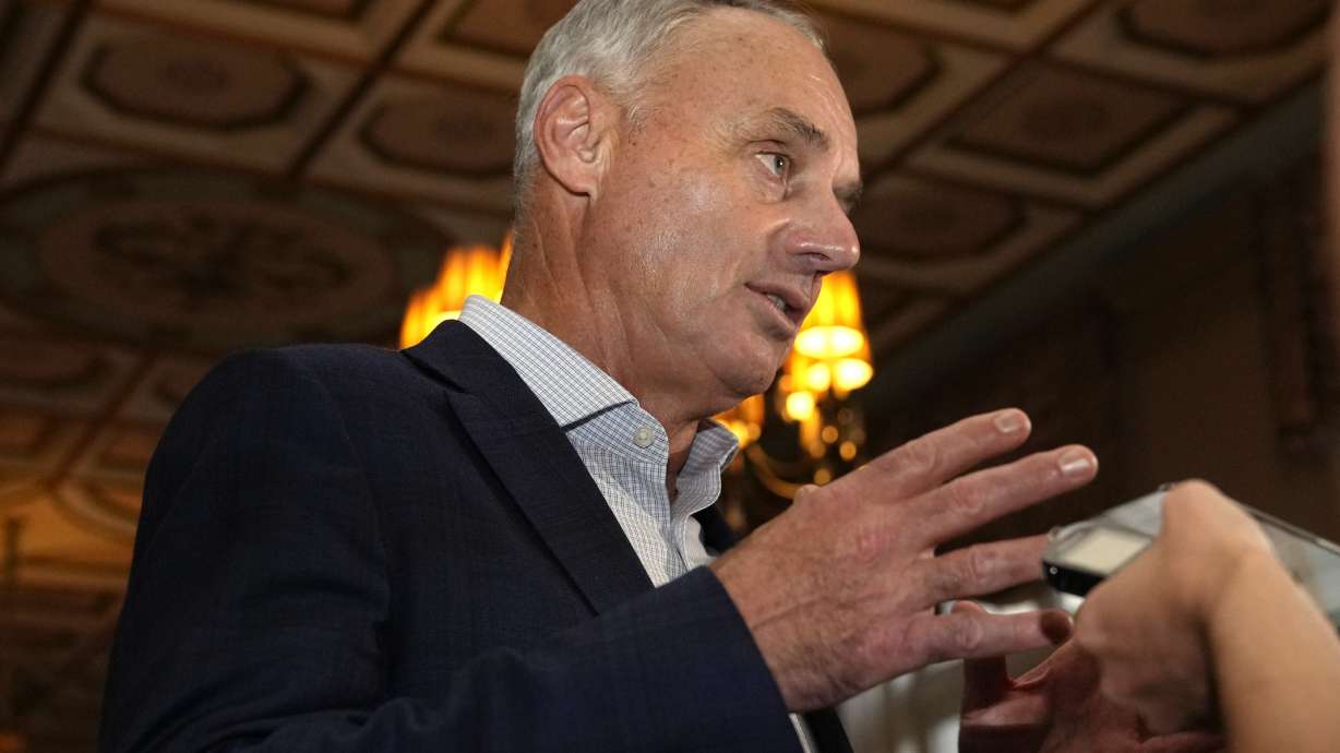 Major League Baseball Commissioner Rob Manfred speaks with the news media after a meeting of MLB owners, Thursday, Feb. 9, 2023, in Palm Beach, Fla.