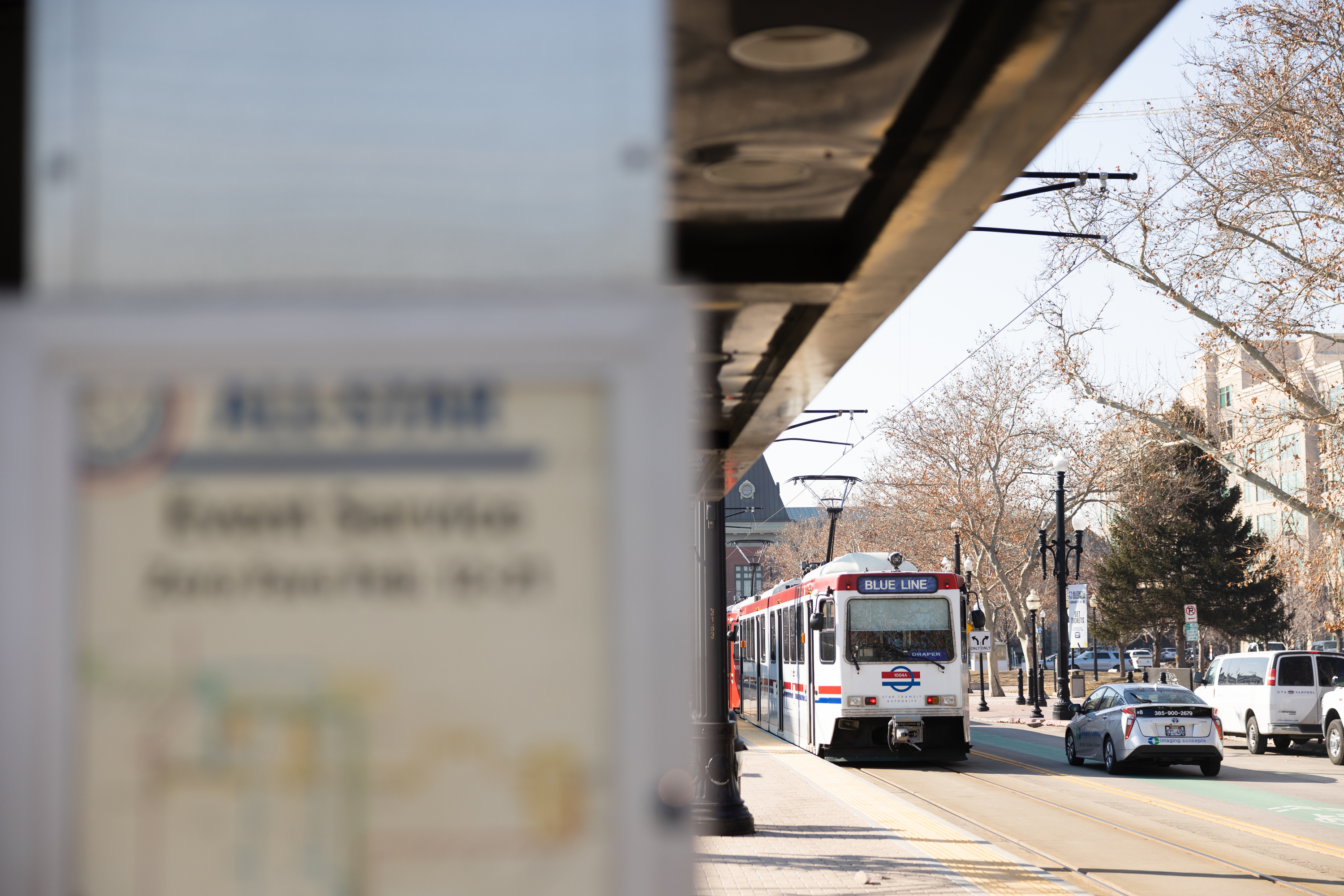 A Utah TRAX Blue Line train stops by the arena station in Salt Lake City on Monday. The NBA has partnered with the Utah TRAX system for a shuttle service in preparation for the 2023 All-Star Weekend.