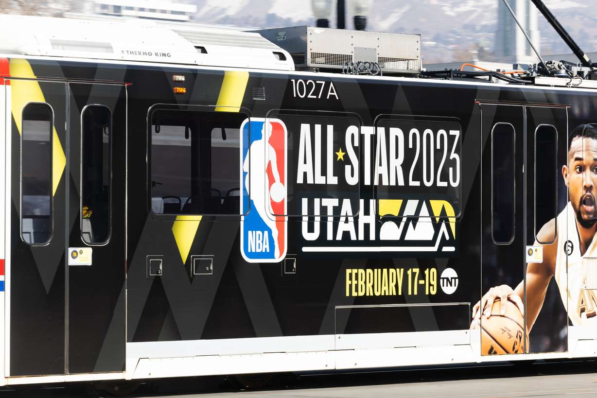 A Utah TRAX train displays signage in anticipation of the NBA All-Star 2023 Weekend in Salt Lake City on Monday.