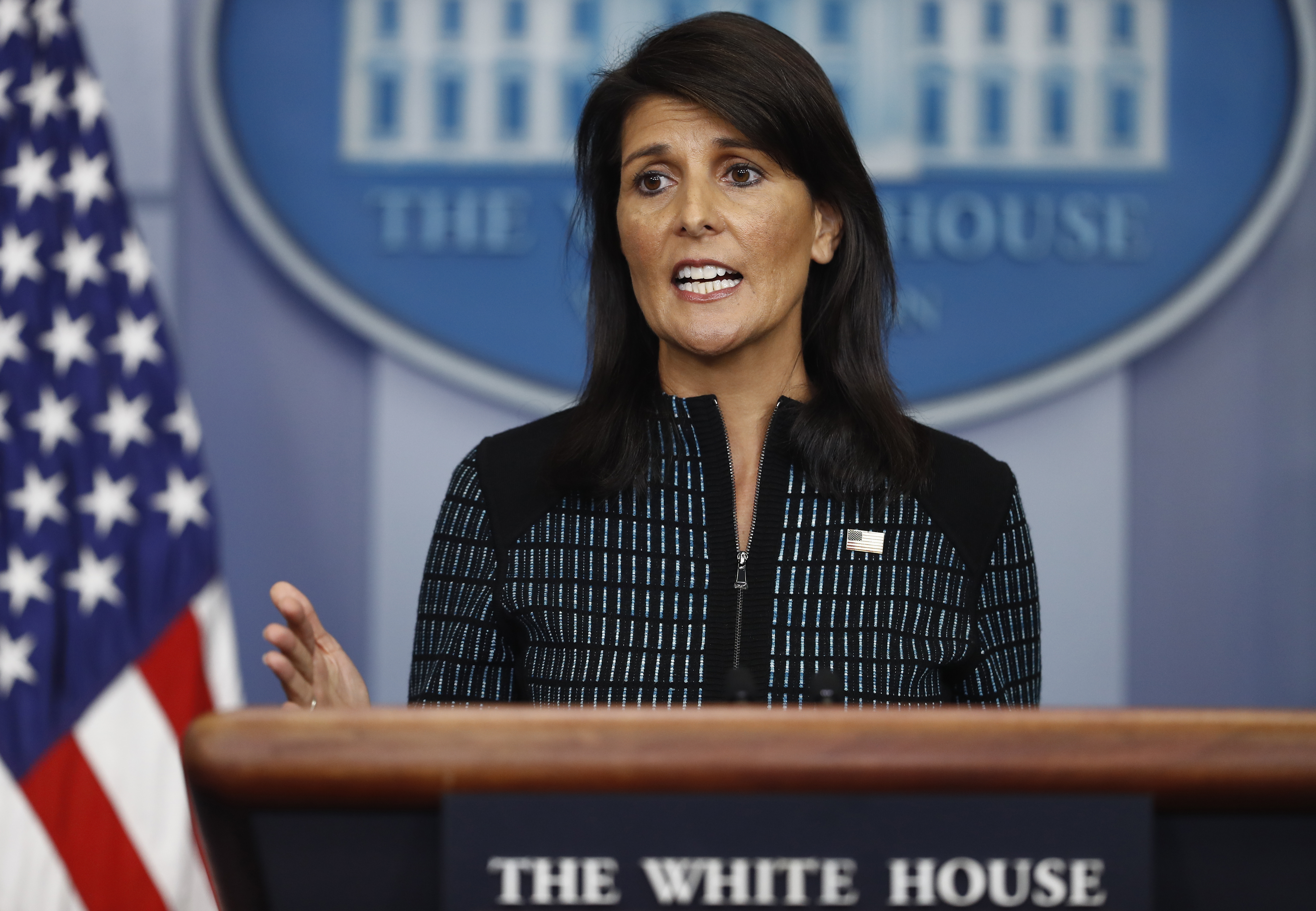 U.S. Ambassador to the United Nations Nikki Haley speaks at the White House Sept. 15, 2017. Haley announced her candidacy for president on Tuesday.