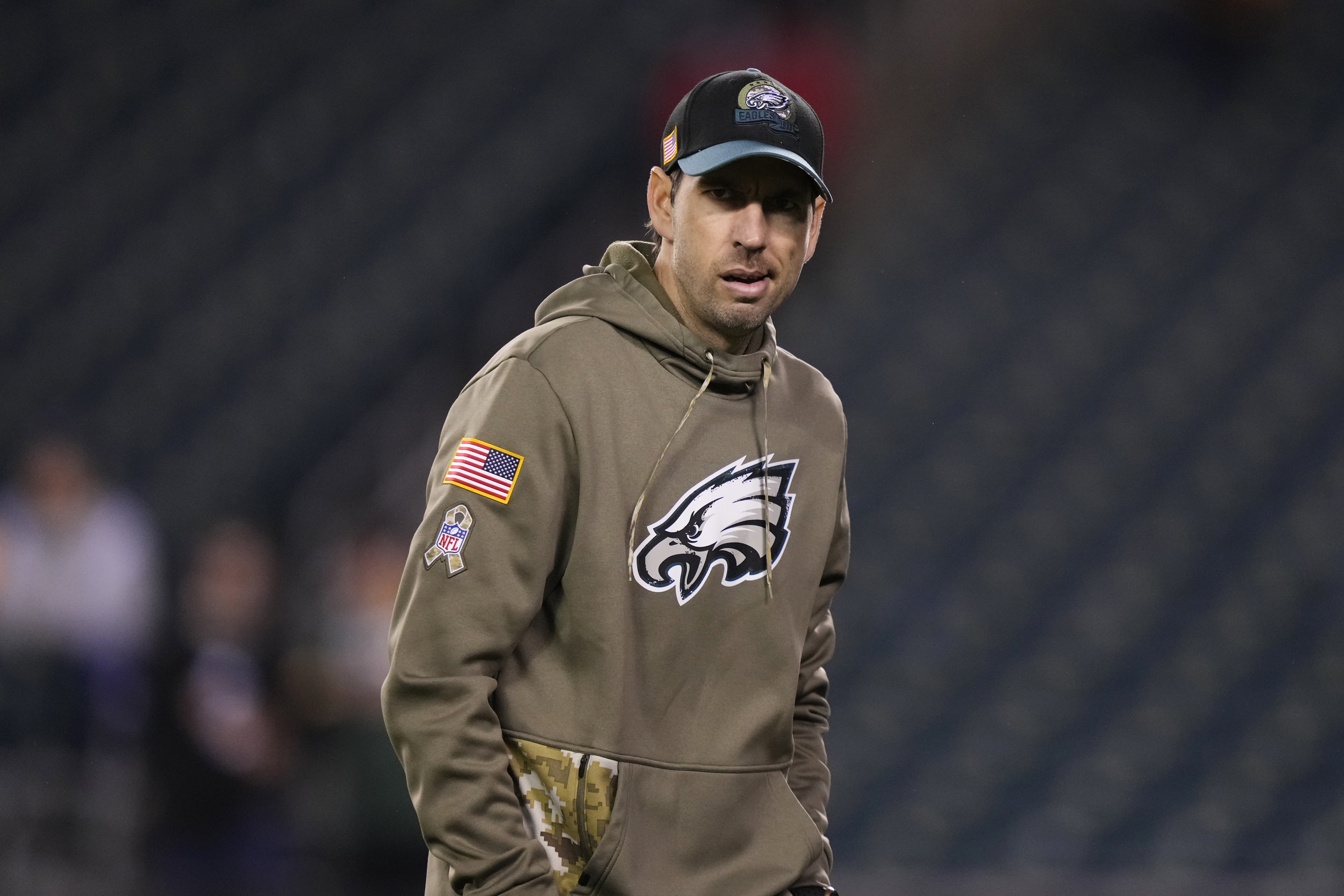 FILE - Philadelphia Eagles' Shane Steichen watches warm-ups before an NFL football game, Sunday, Nov. 27, 2022, in Philadelphia. Lions offensive coordinator Ben Johnson, 49ers defensive coordinator DeMeco Ryans and Steichen are the finalists for AP Assistant Coach of the Year. 