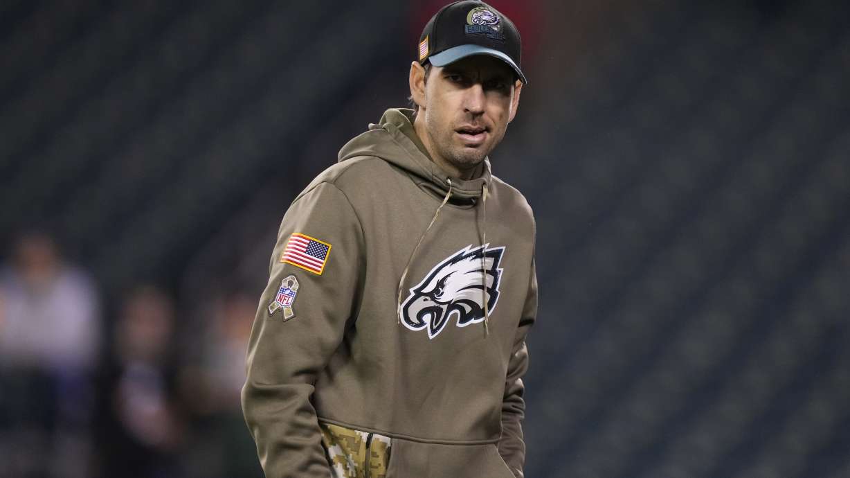 FILE - Philadelphia Eagles' Shane Steichen watches warm-ups before an NFL football game, Sunday, Nov. 27, 2022, in Philadelphia. Lions offensive coordinator Ben Johnson, 49ers defensive coordinator DeMeco Ryans and Steichen are the finalists for AP Assistant Coach of the Year.