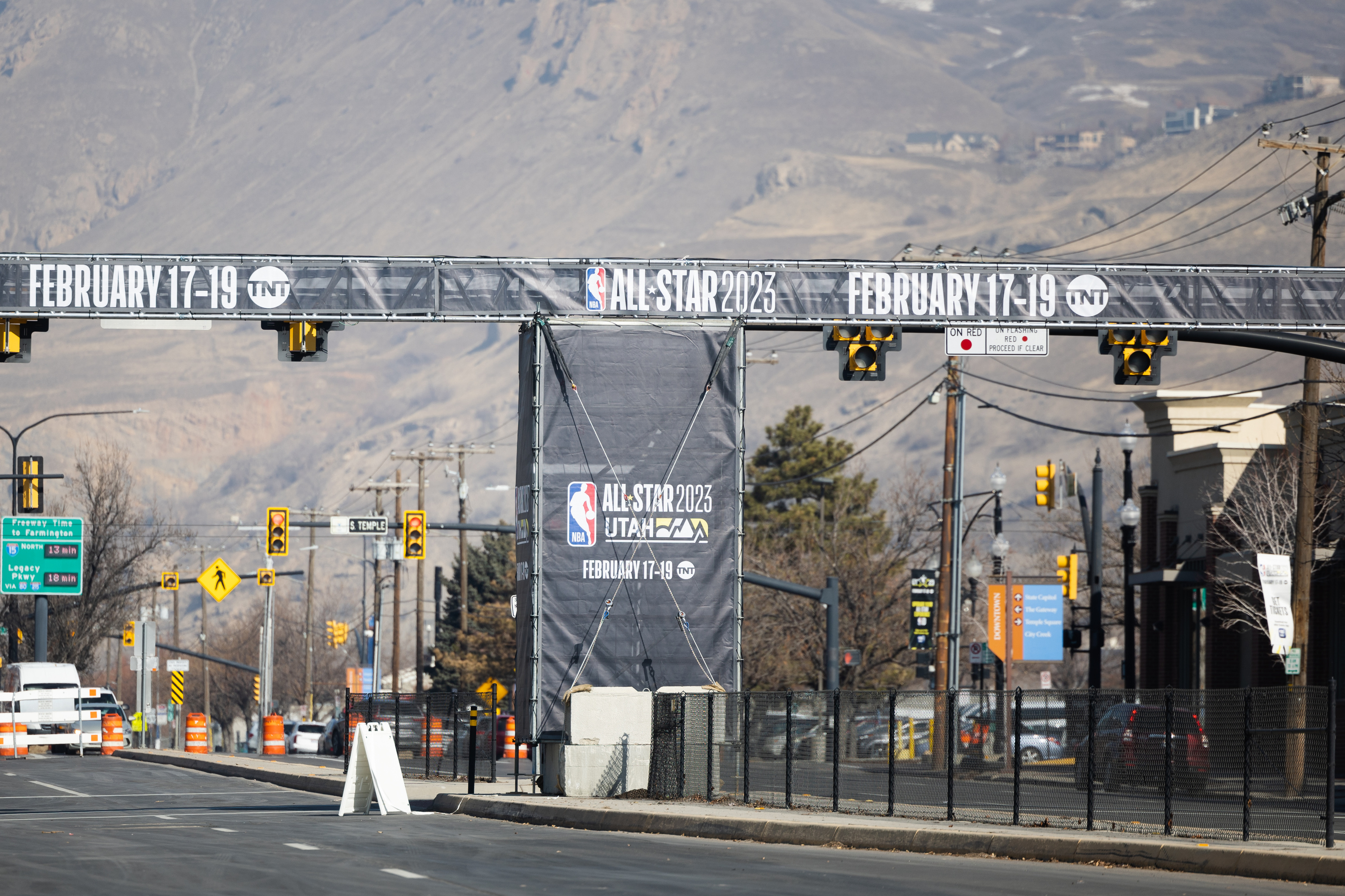 An awning stands in anticipation of the NBA All-Star 2023 Weekend in Salt Lake City on Monday. The events this week are prompting road closures around the city.