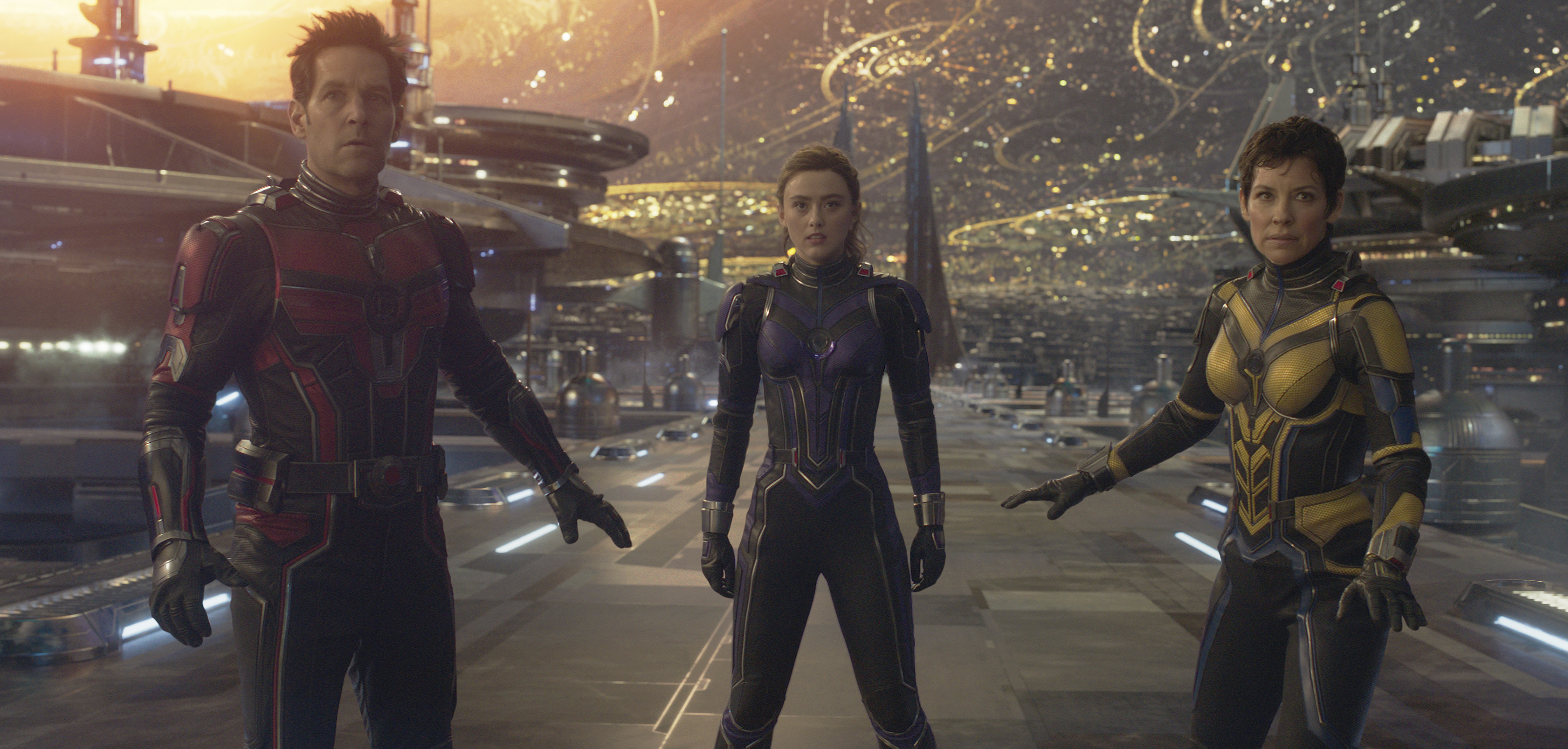 Paul Rudd, from left, Kathryn Newton and Evangeline Lilly in a scene from "Ant-Man and the Wasp: Quantumania."