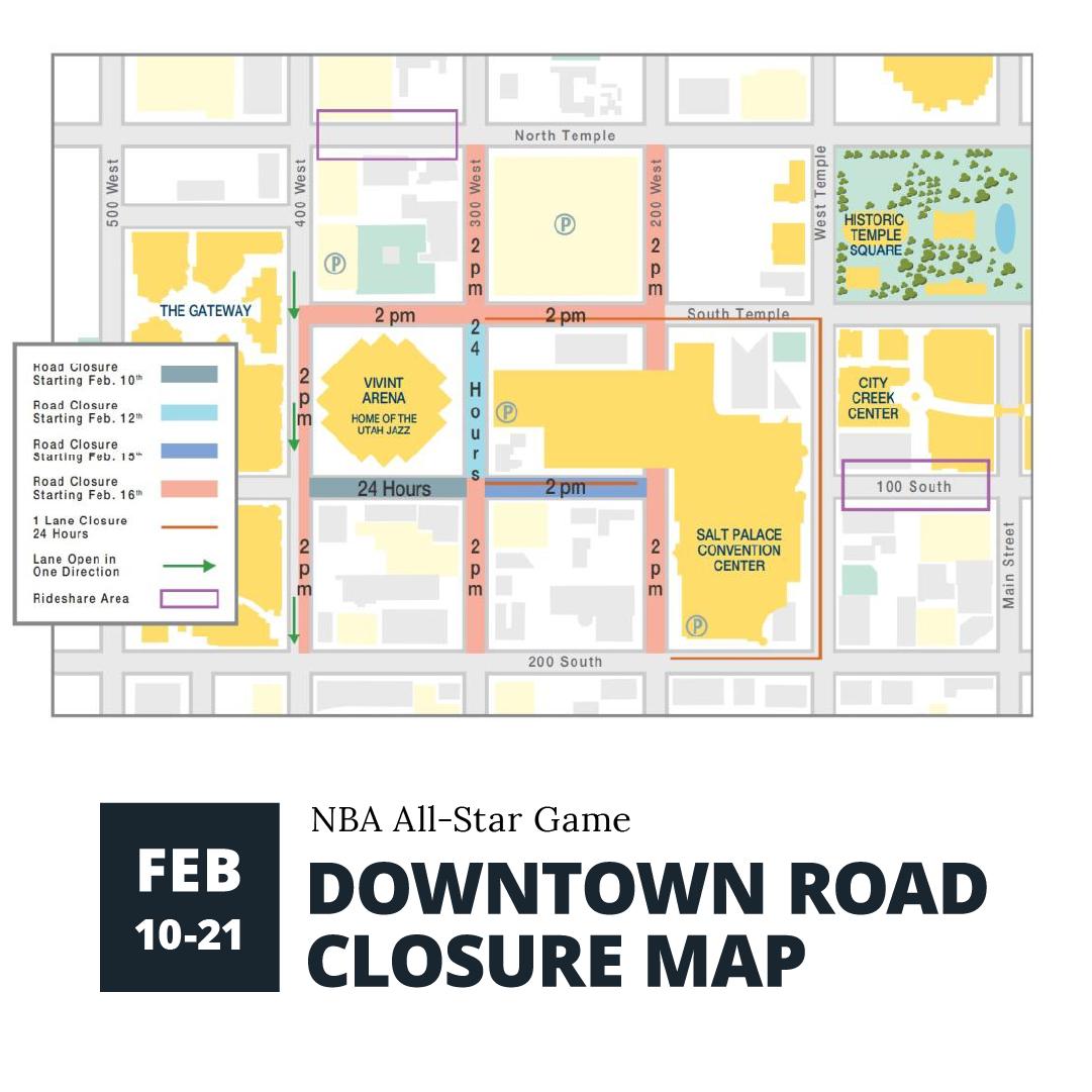 This map shows road closures by Vivint Arena and Salt Palace Convention Center this week.