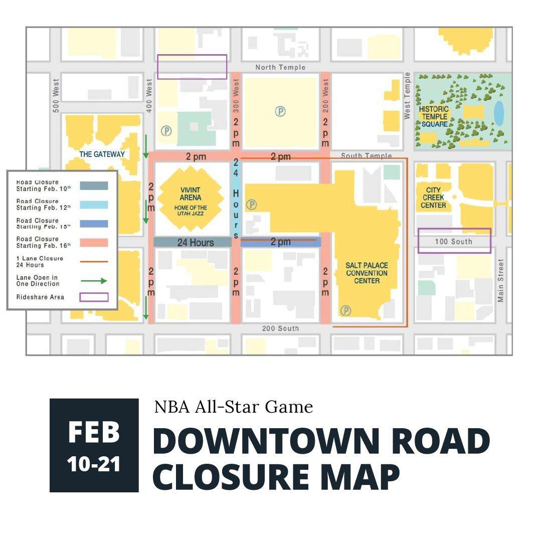 This map shows road closures by Vivint Arena and Salt Palace Convention Center this week.