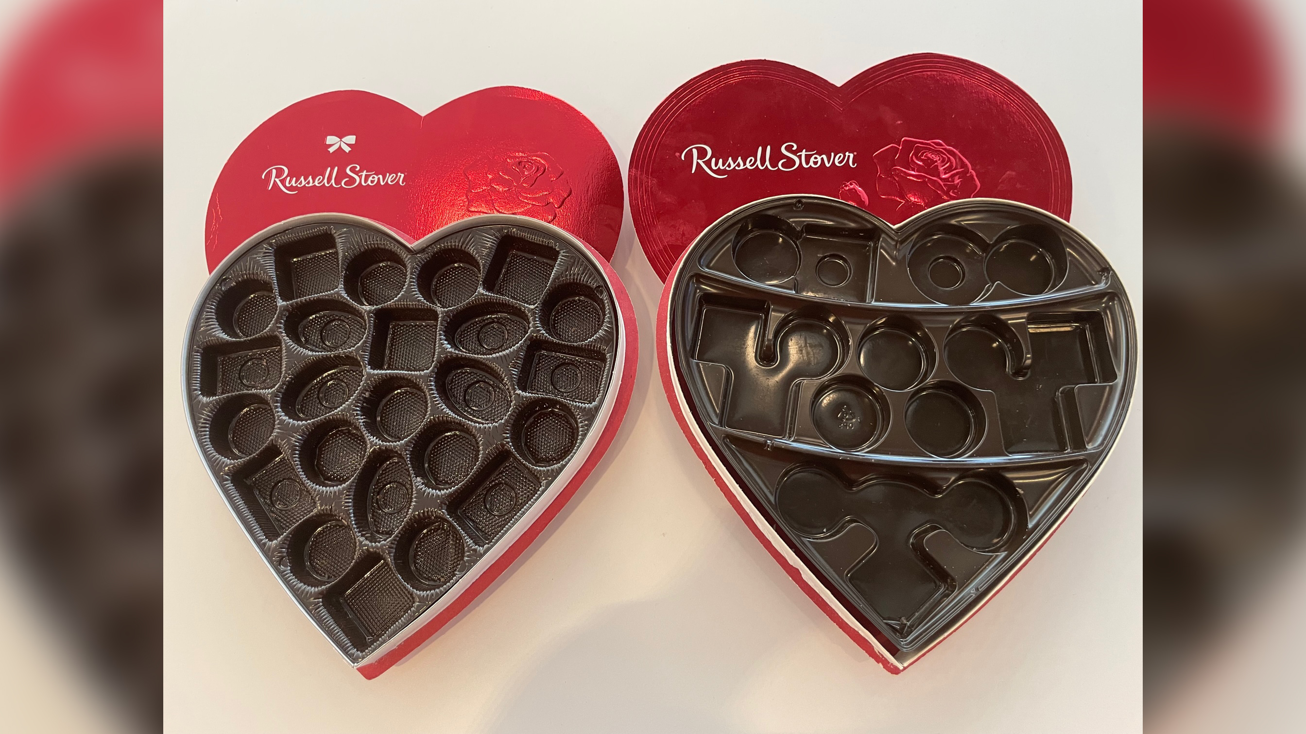 Two Valentine's chocolate boxes, on the left is one with a best buy date of June 1, 2019, containing 24 pieces. On the right is one dated June 1, 2022 with 16 larger pieces. Consumer watchdogs have a name for the tactic, called "slack-fill.'