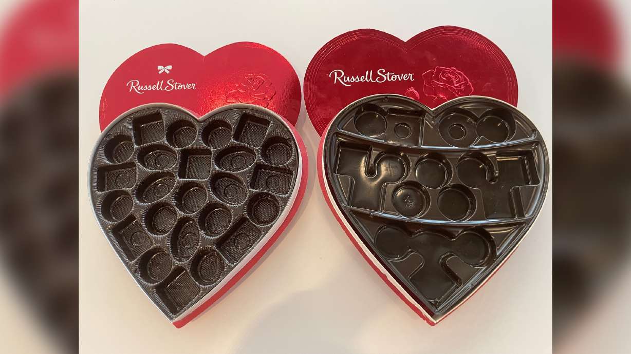 Two Valentine's chocolate boxes, on the left is one with a best buy date of June 1, 2019, containing 24 pieces. On the right is one dated June 1, 2022 with 16 larger pieces. Consumer watchdogs have a name for the tactic, called "slack-fill.'