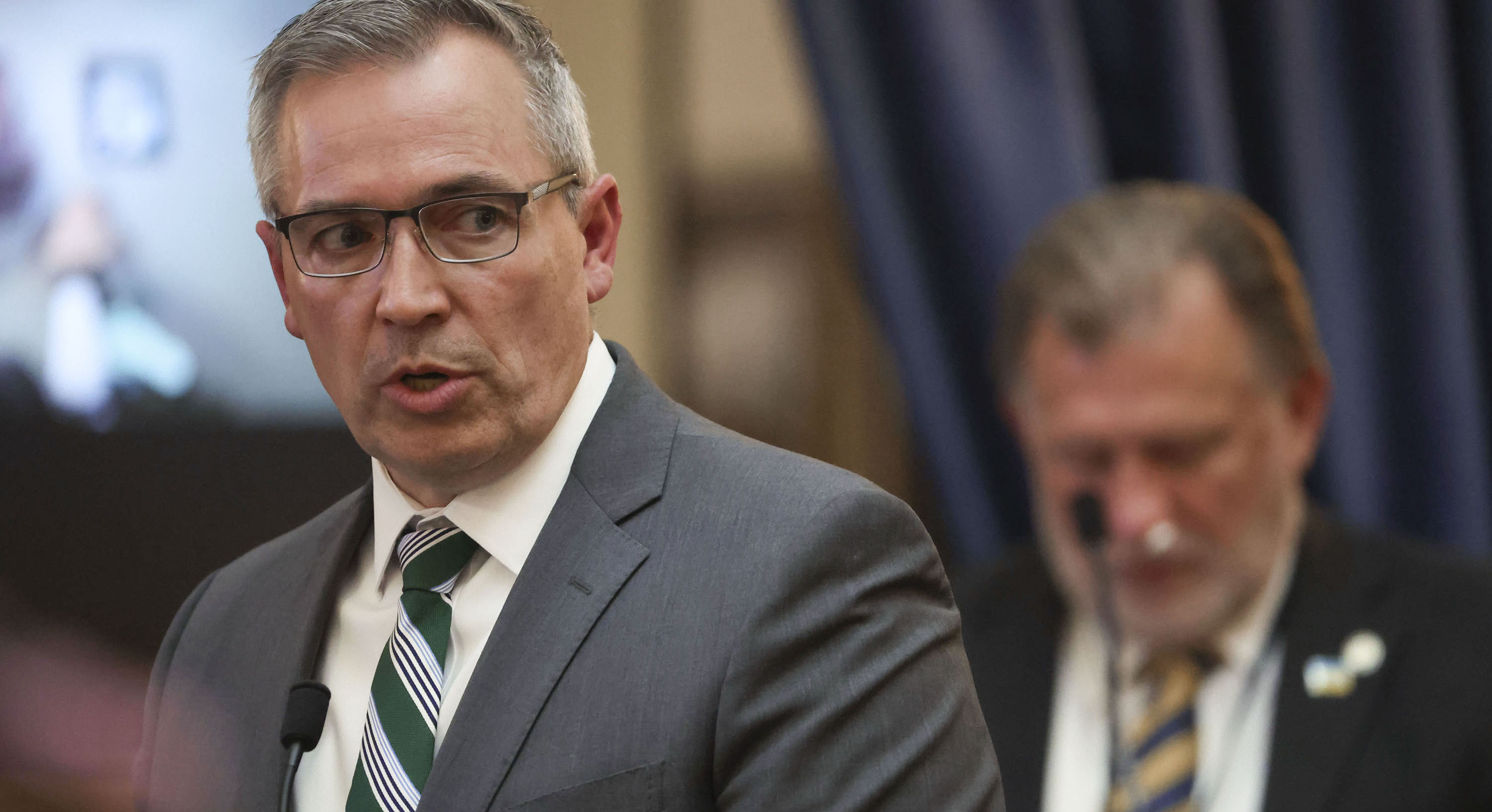 Sen. Daniel McCay, R-Riverton, speaks on the Senate floor on March 4, 2022. This year, McCay sponsored HJR2, an amended resolution that would make it easier to end the hold placed on Utah's abortion ban. The resolution passed both chambers with the necessary super majority and is now in effect.