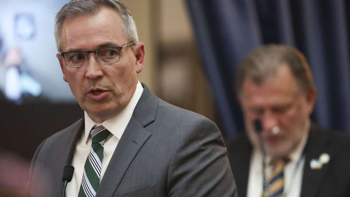 Sen. Daniel McCay, R-Riverton, speaks on the Senate floor on March 4, 2022. This year, McCay sponsored HJR2, an amended resolution that would make it easier to end the hold placed on Utah's abortion ban. The resolution passed both chambers with the necessary super majority and is now in effect.