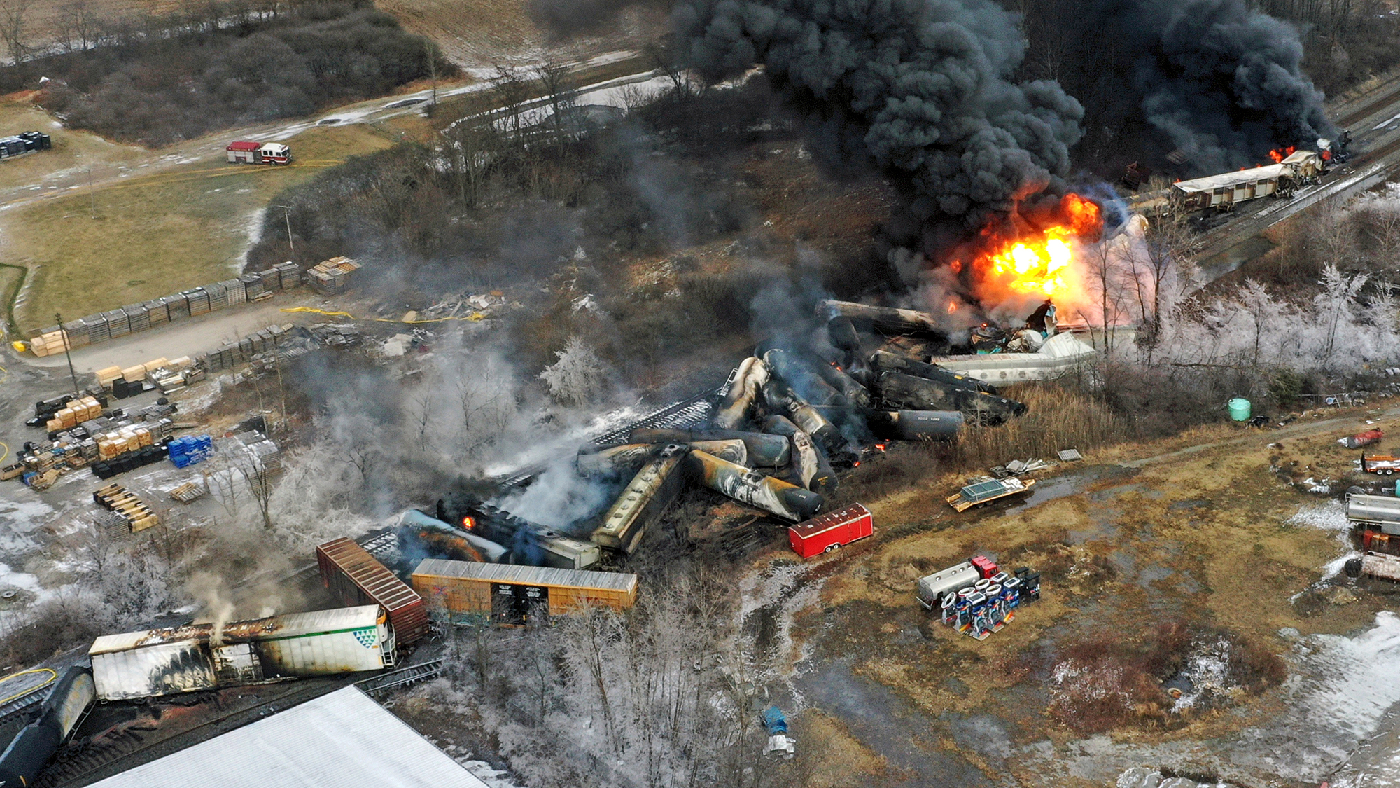 Portions of the Norfolk Southern freight train that derailed are seen in this photo taken Feb. 4, a day after the derailment.
