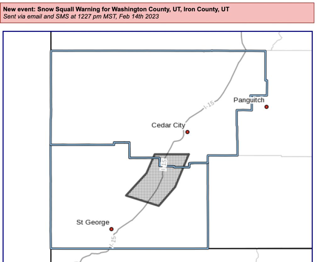 Shaded areas on the map indicate where the snow squall warning for Tuesday is in effect.
