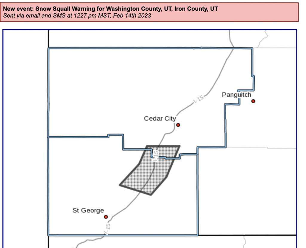 Shaded areas on the map indicate where the snow squall warning for Tuesday is in effect.